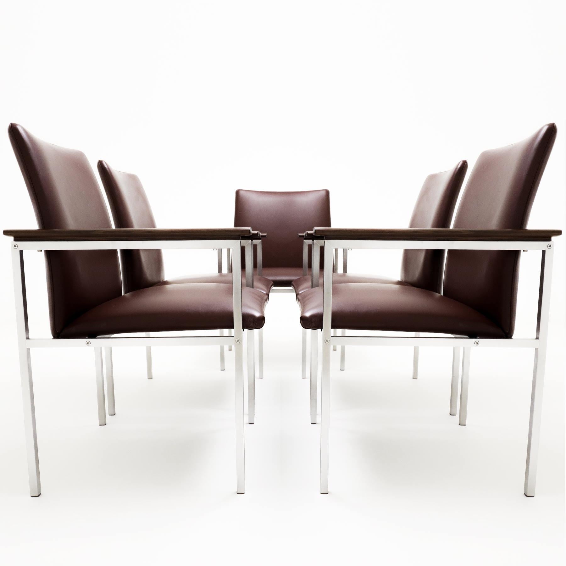Leather 6 Sigvard Bernadotte H-line chairs in brushed steel, Walnut and leather For Sale