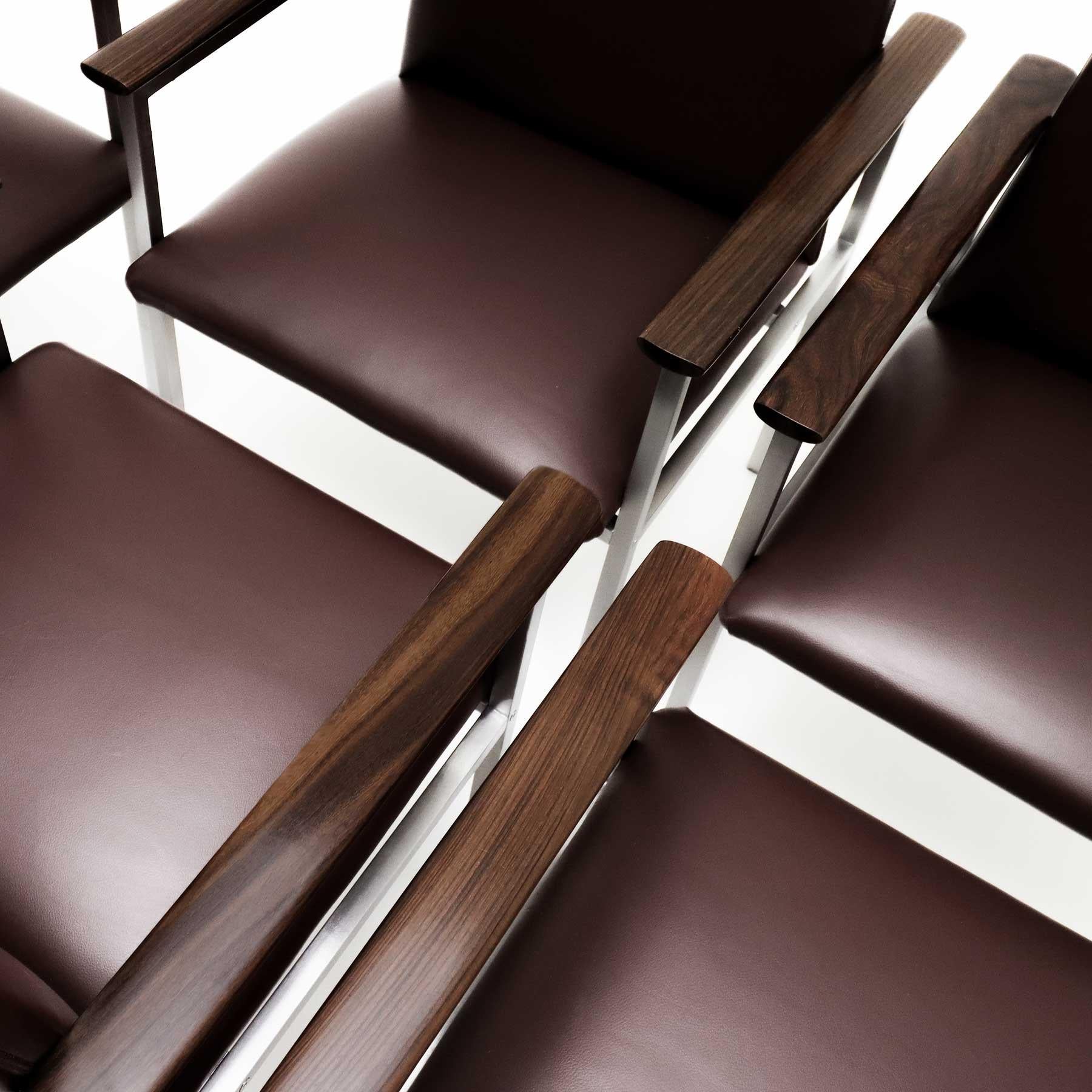 6 Sigvard Bernadotte H-line chairs in brushed steel, Walnut and leather For Sale 1
