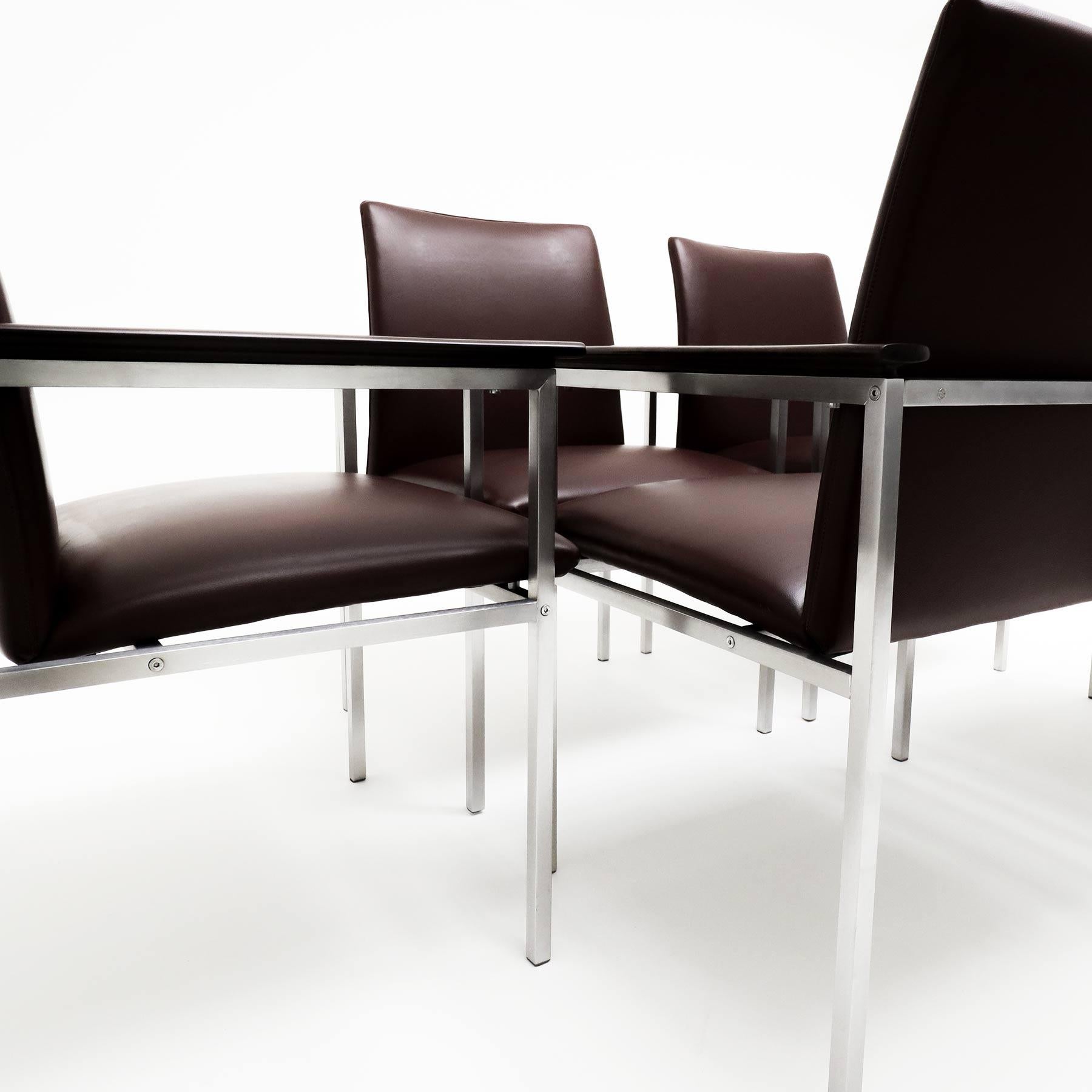 6 Sigvard Bernadotte H-line chairs in brushed steel, Walnut and leather For Sale 2