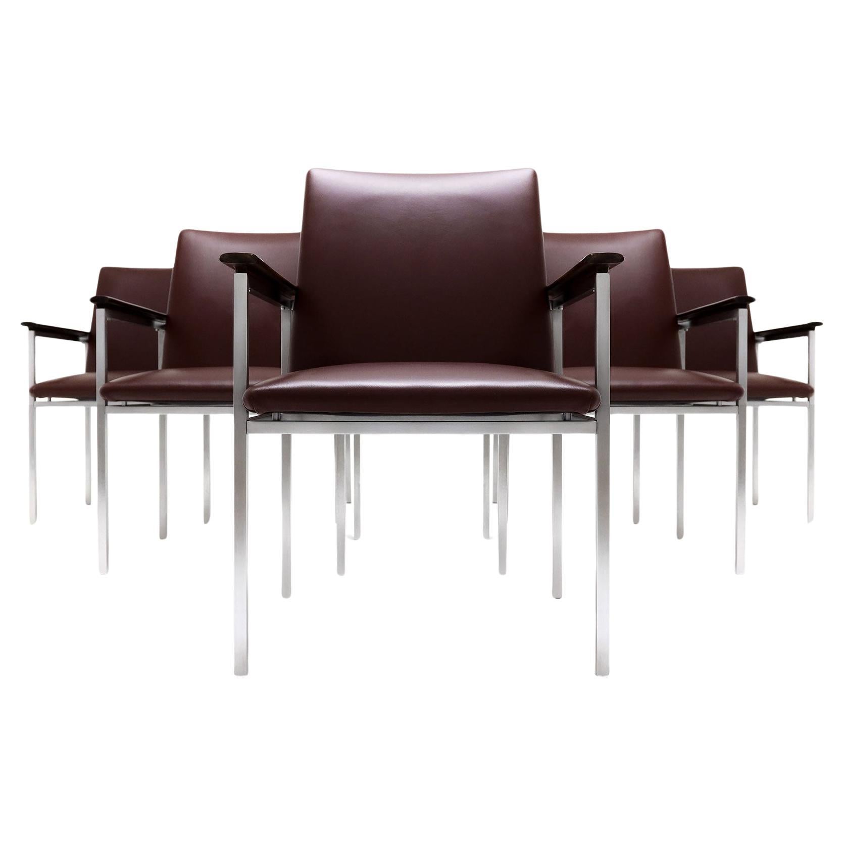 6 Sigvard Bernadotte H-line chairs in brushed steel, Walnut and leather For Sale