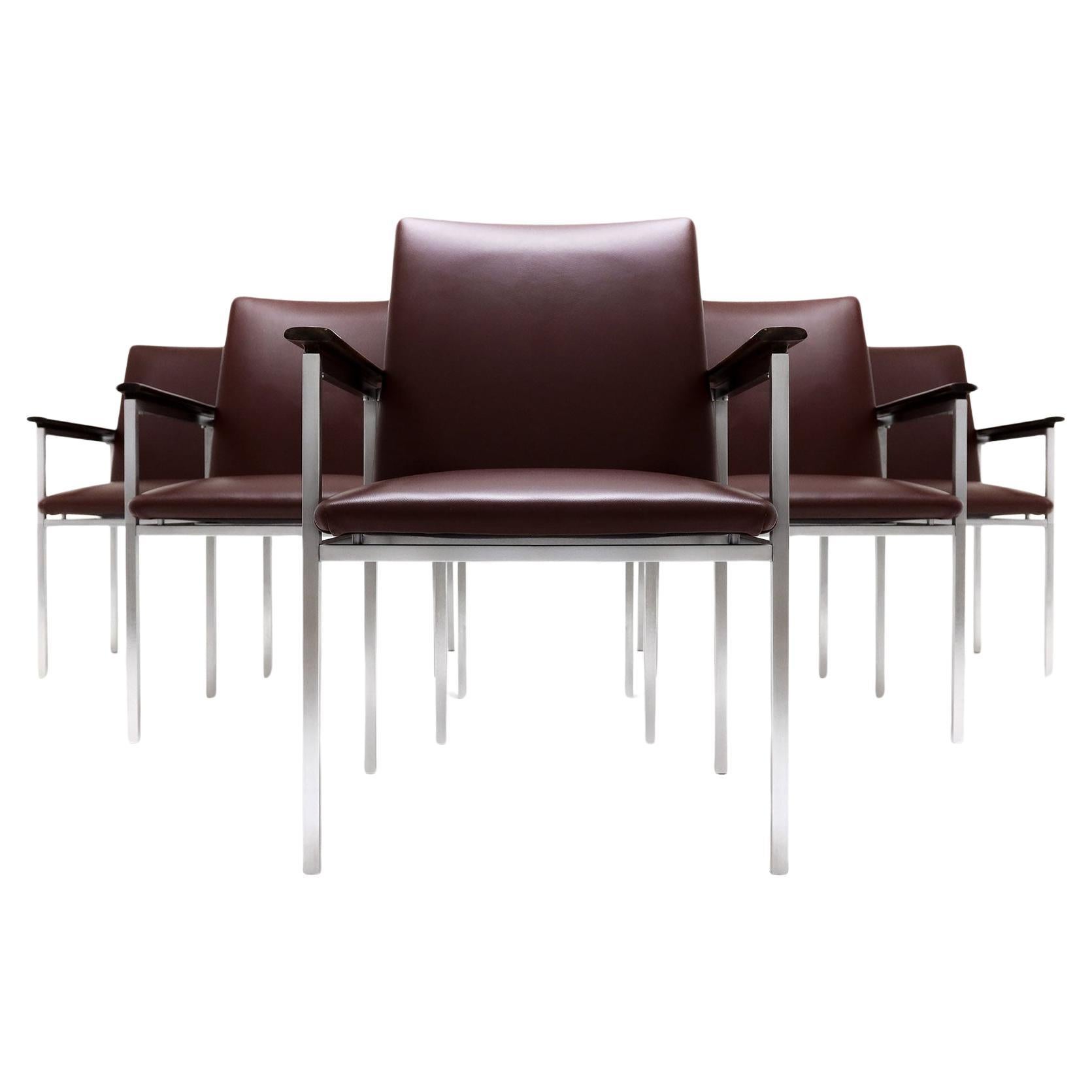 6 Sigvard Bernadotte H-line chairs in brushed steel, Walnut and leather