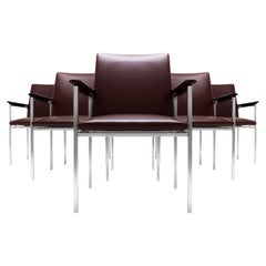 6 Sigvard Bernadotte H-line chairs in brushed steel, Walnut and leather