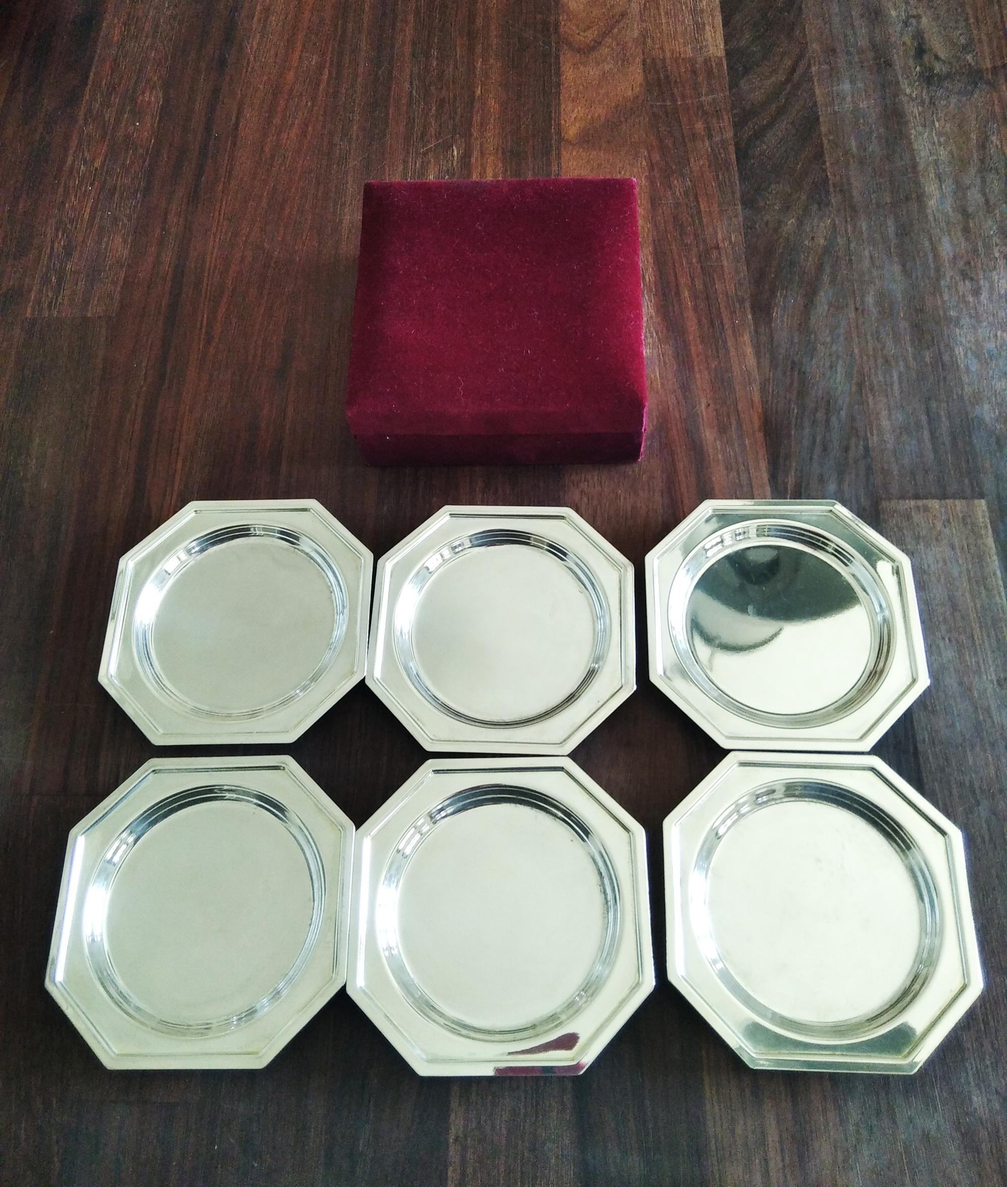 6 Silver Coasters With Velvet Case, Midcentury For Sale 6