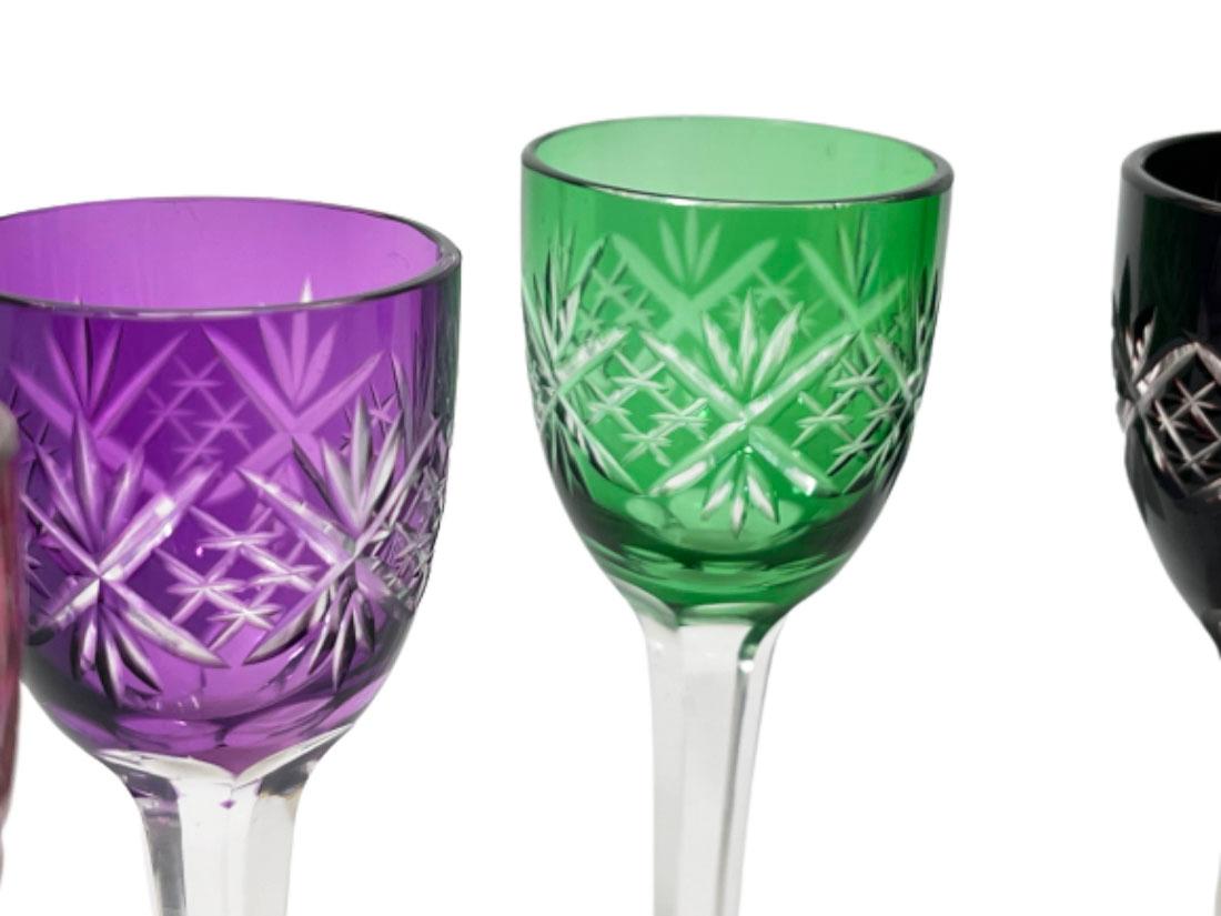 European 6 Small Bohemian Colored Crystal Liqueur Glasses For Sale