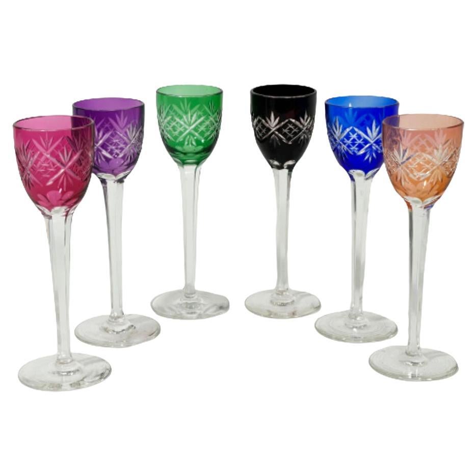 6 Small Bohemian Colored Crystal Liqueur Glasses For Sale
