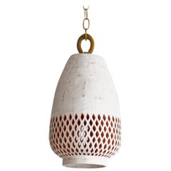 6 Small White Ceramic Pendant Light, Brushed Brass, Diamantes Atzompa Collection