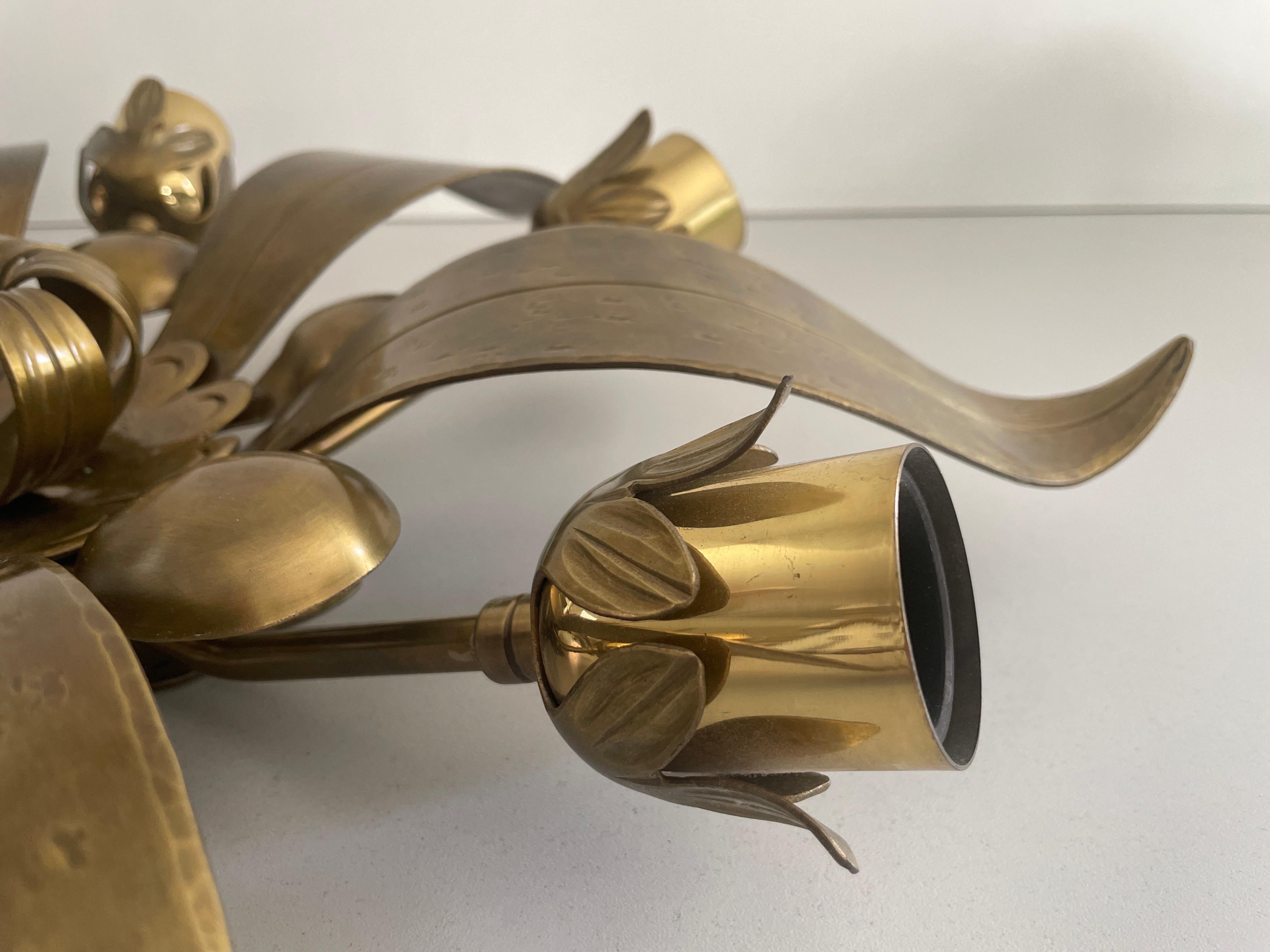 6 Socket Flower Shaped Heavy Brass Flush Mount Light by Hans Möller, 1960s, Germ For Sale 4