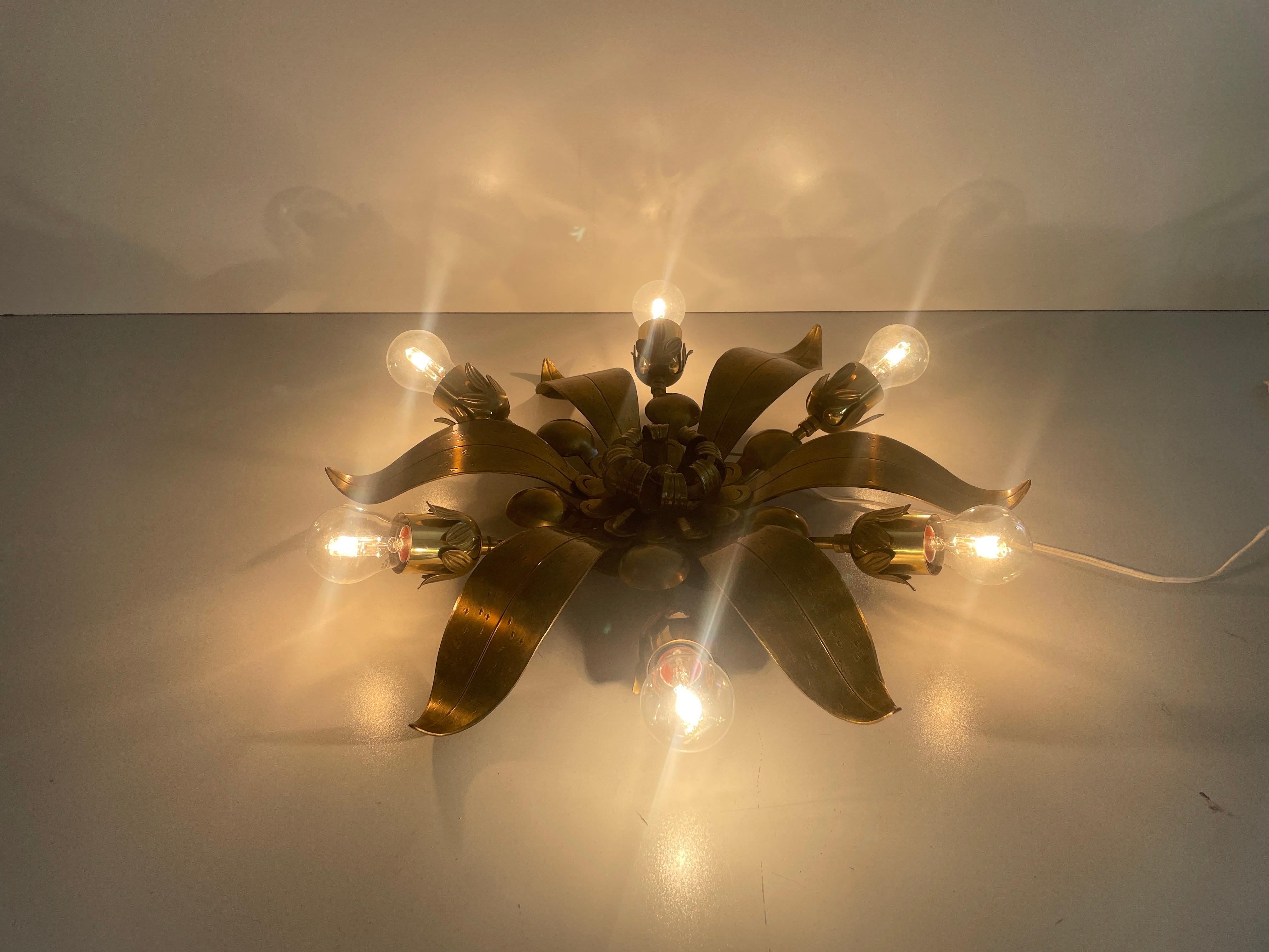 6 Socket Flower Shaped Heavy Brass Flush Mount Light by Hans Möller, 1960s, Germ For Sale 6