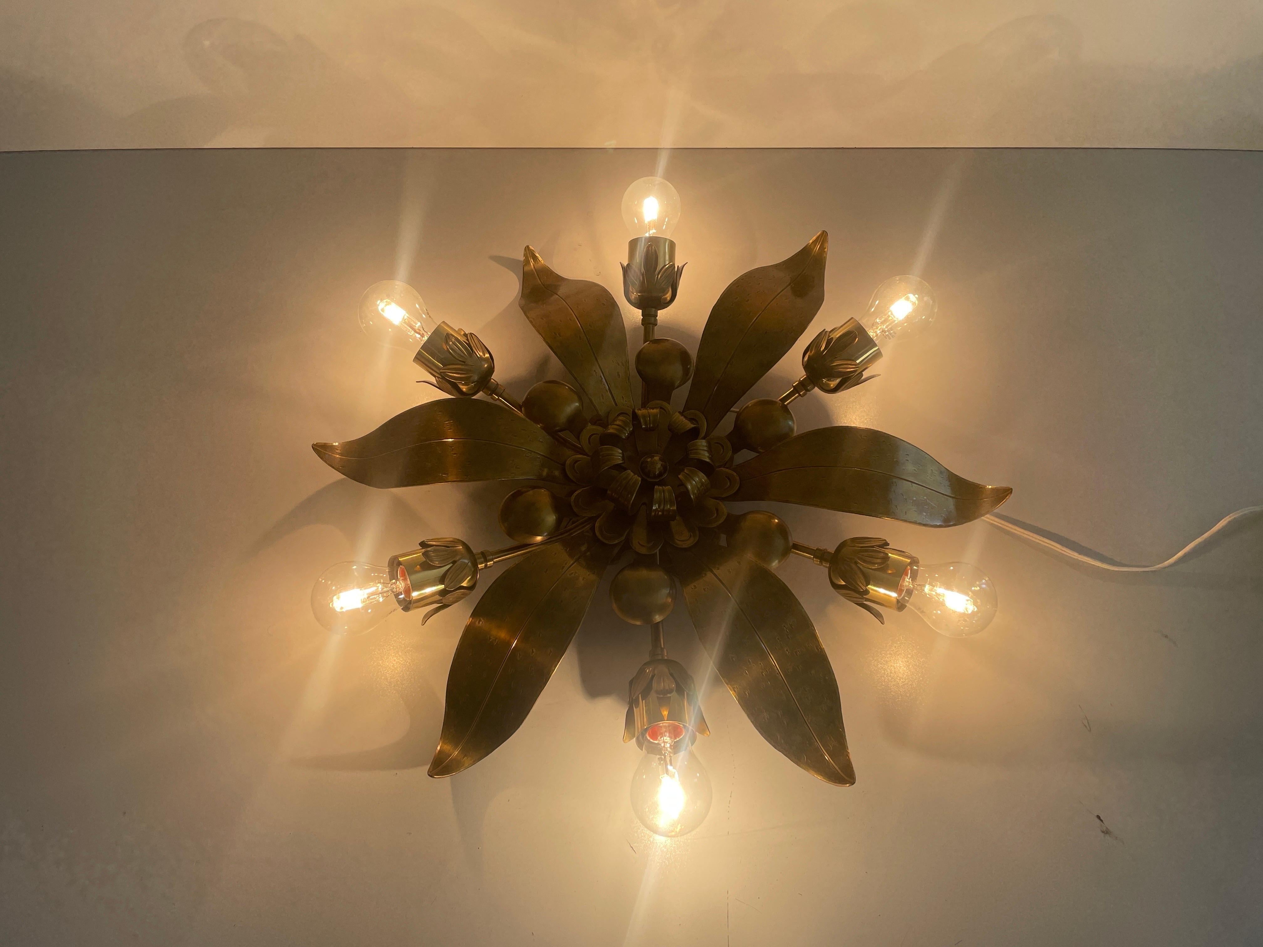 6 Socket Flower Shaped Heavy Brass Flush Mount Light by Hans Möller, 1960s, Germ For Sale 8