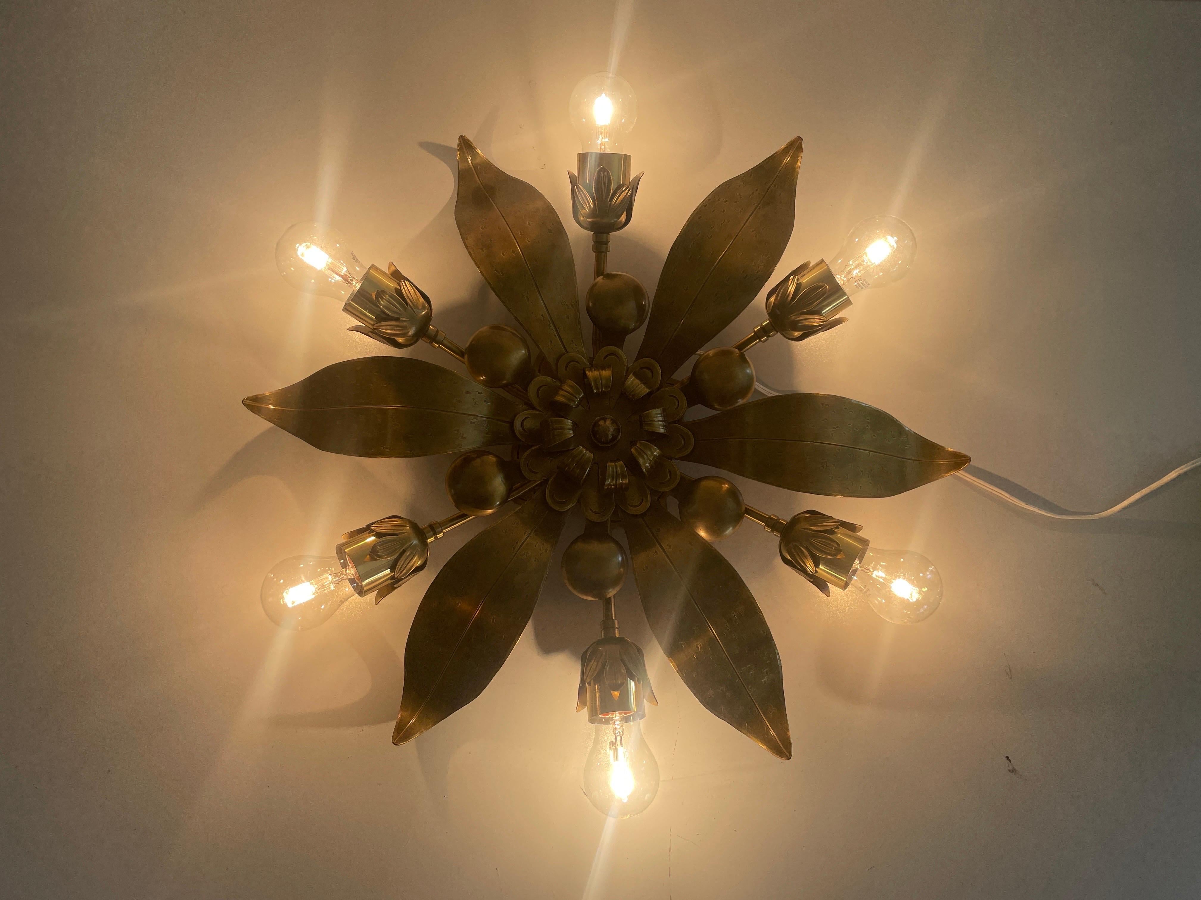 6 Socket Flower Shaped Heavy Brass Flush Mount Light by Hans Möller, 1960s, Germ For Sale 9