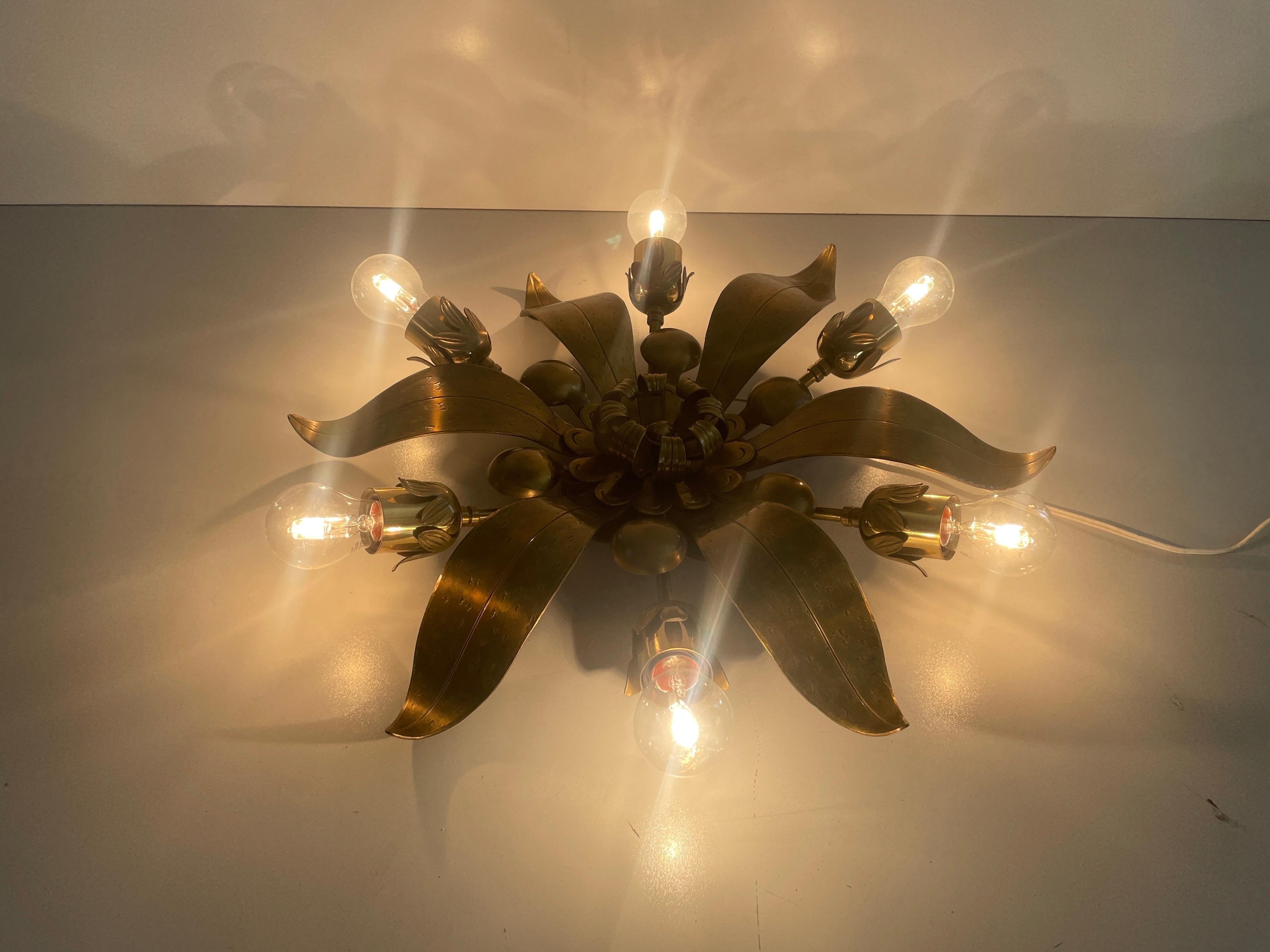 6 Socket Flower Shaped Heavy Brass Flush Mount Light by Hans Möller, 1960s, Germ For Sale 10
