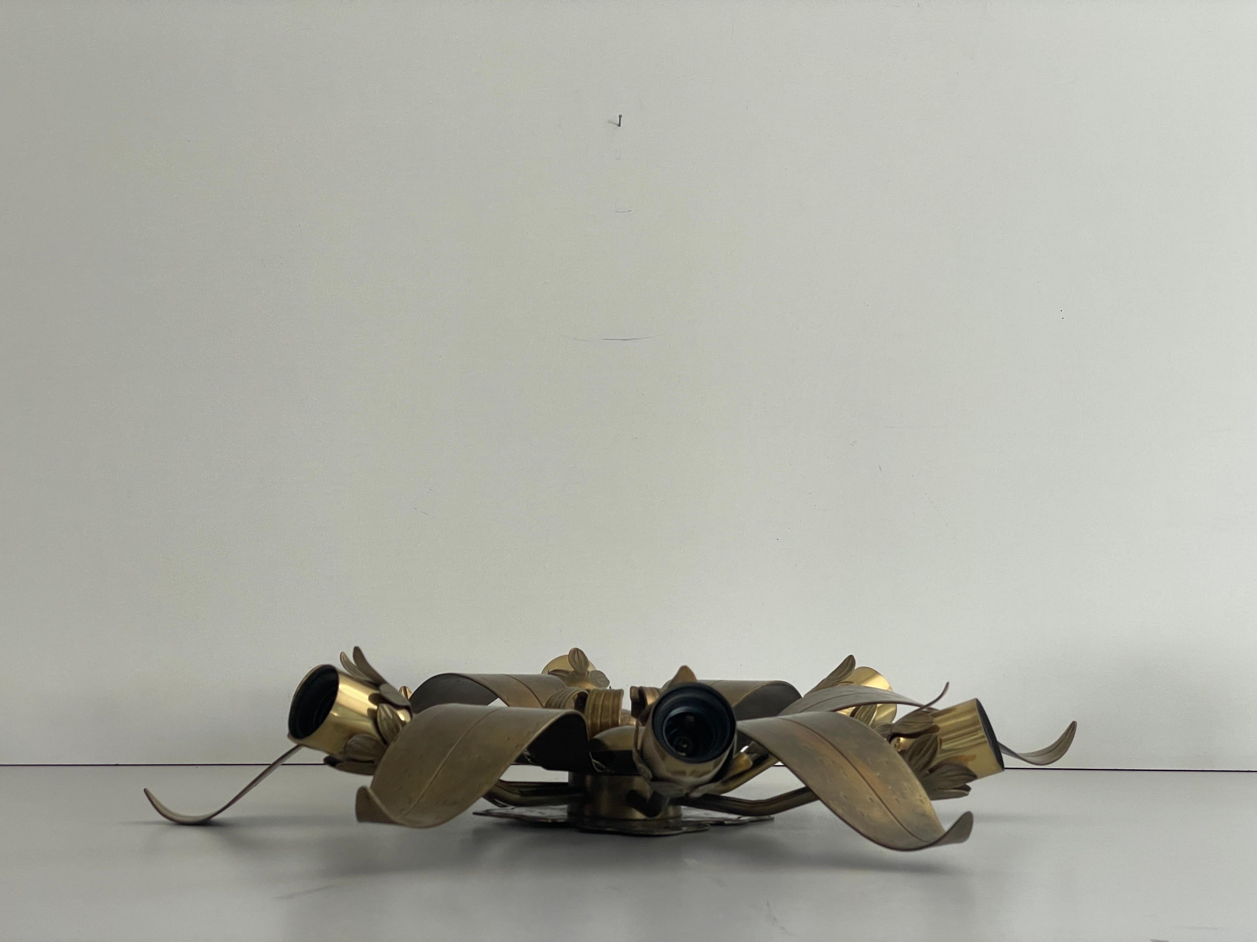 German 6 Socket Flower Shaped Heavy Brass Flush Mount Light by Hans Möller, 1960s, Germ For Sale