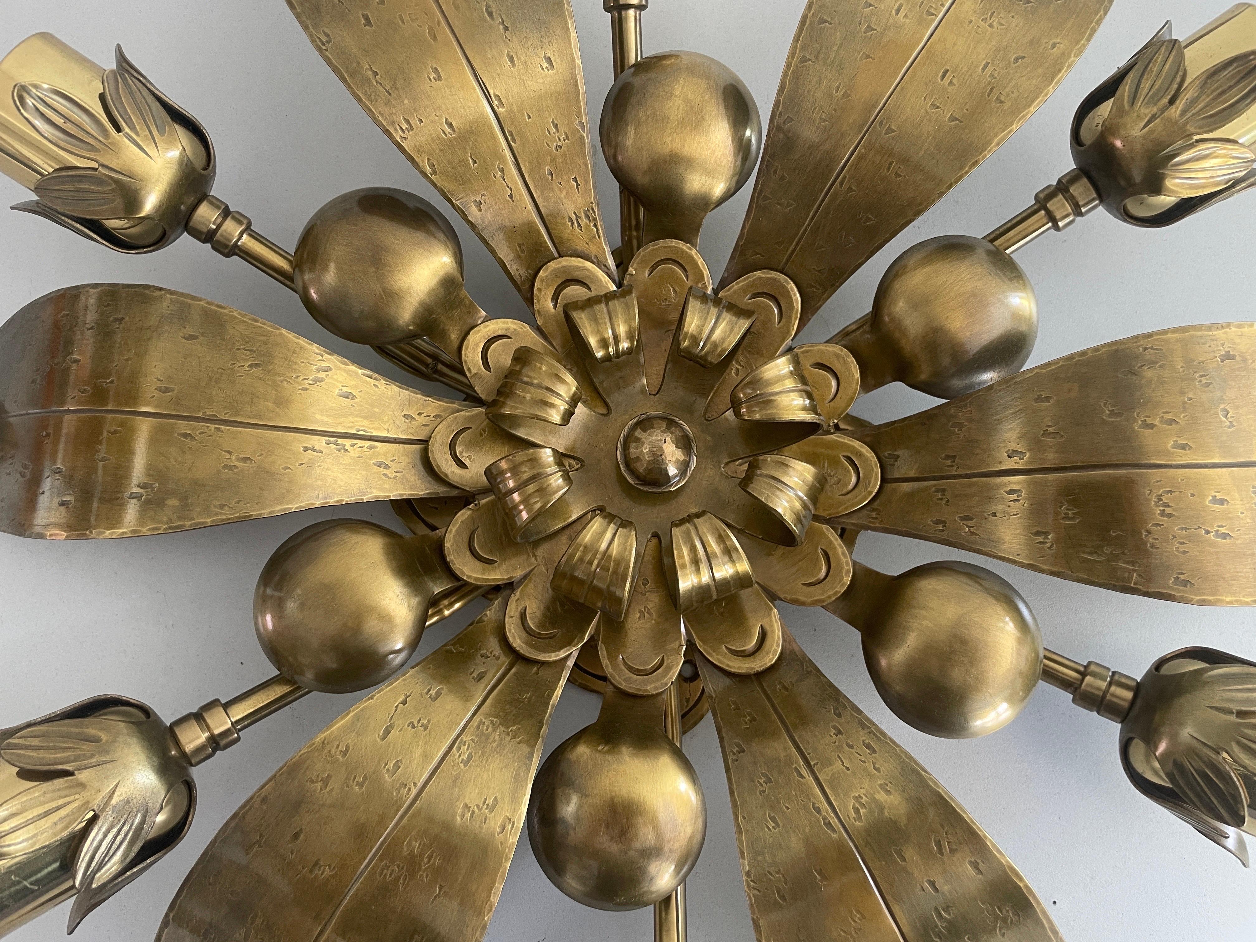 6 Socket Flower Shaped Heavy Brass Flush Mount Light by Hans Möller, 1960s, Germ For Sale 1