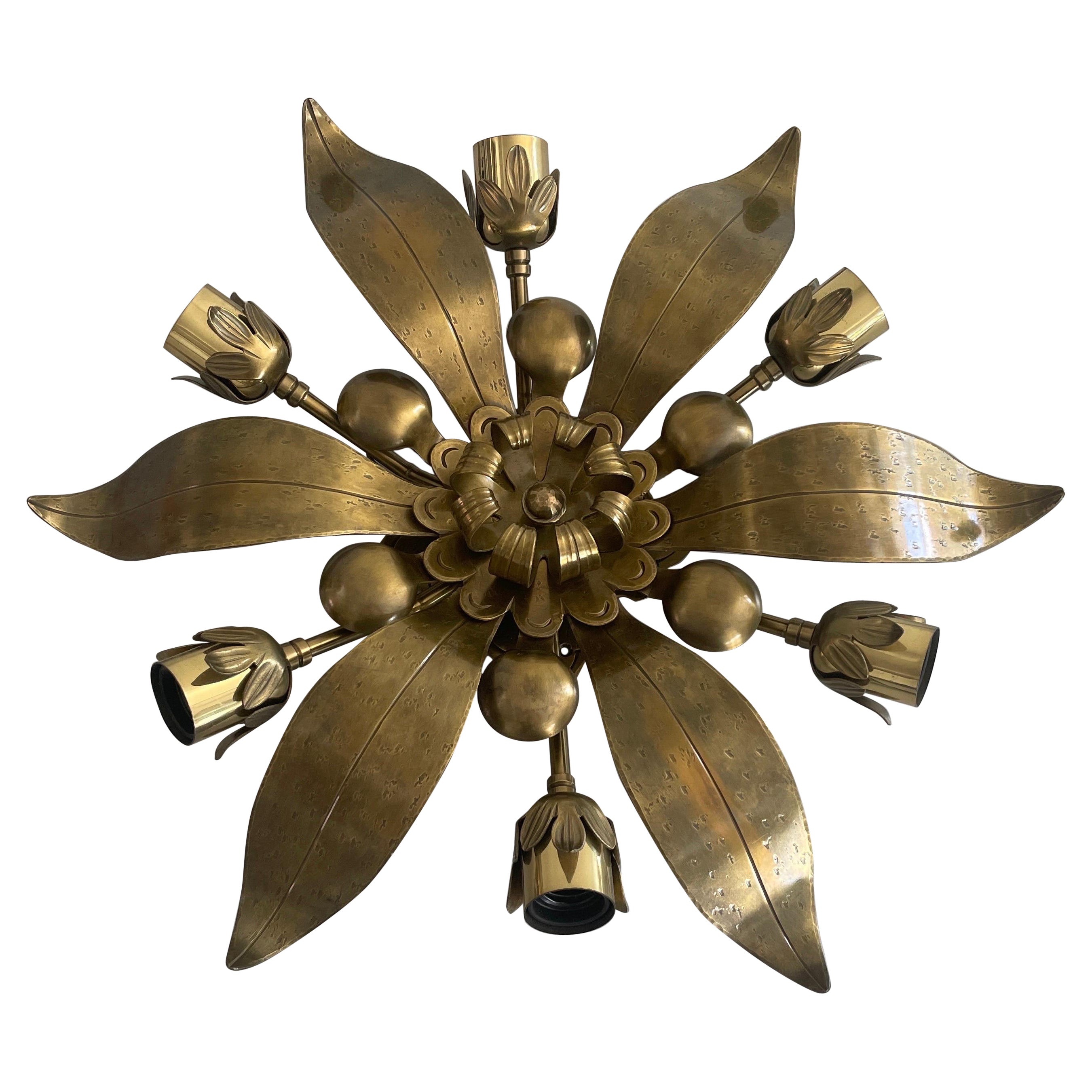 6 Socket Flower Shaped Heavy Brass Flush Mount Light by Hans Möller, 1960s, Germ For Sale