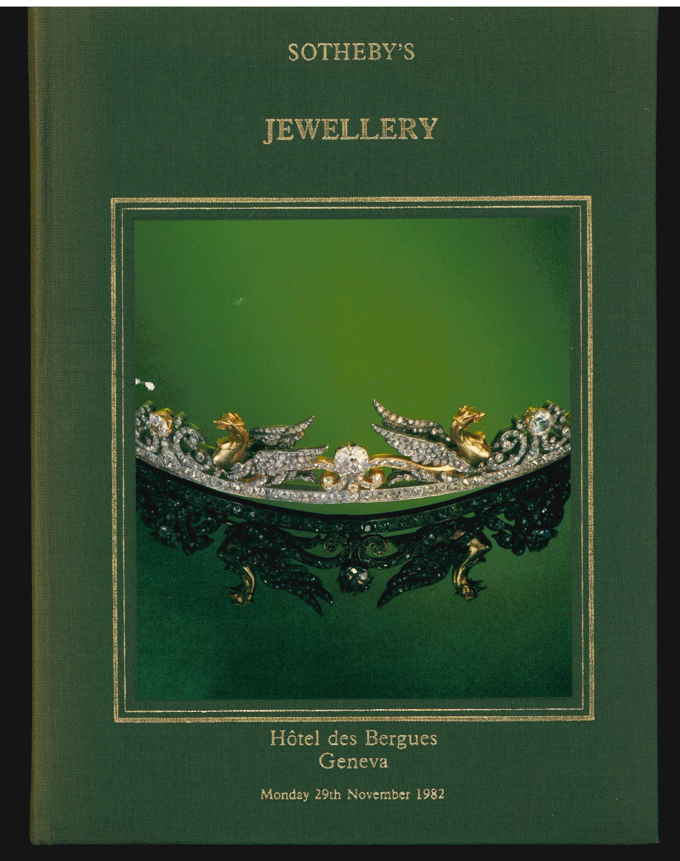 These six catalogues are from Sotheby's Jewellery sales which took place in the 1980's. Five were held in Geneva and the sixth was in St. Moritz.
1 - November 1982 Geneva with 705 lots and which includes The property of HRH, The Crown Prince of