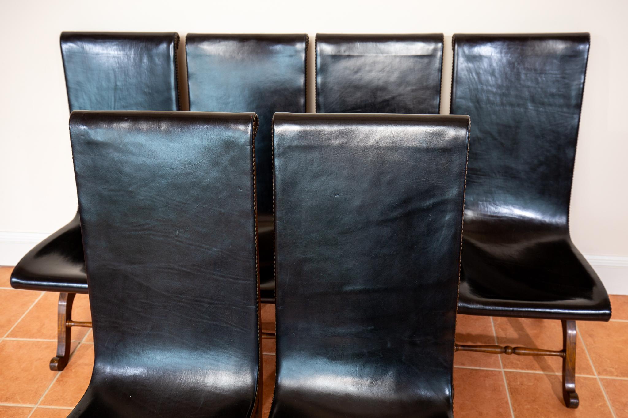 6 Sedie da pranzo in pelle di Oak spagnolo Pierre Lottier Valmazan Mid Century in vendita 2