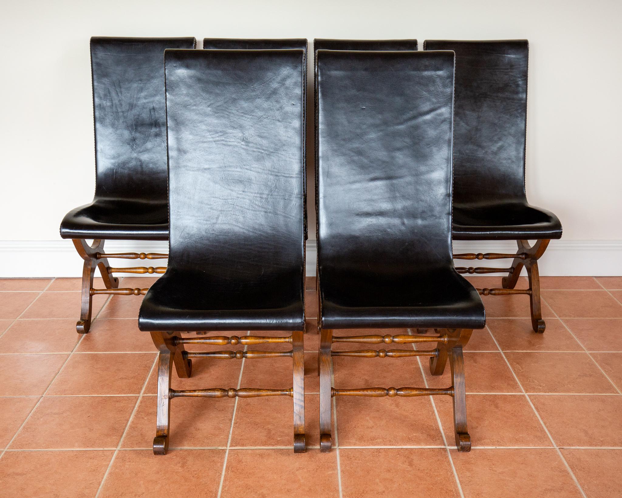 6 Sedie da pranzo in pelle di Oak spagnolo Pierre Lottier Valmazan Mid Century in vendita 4