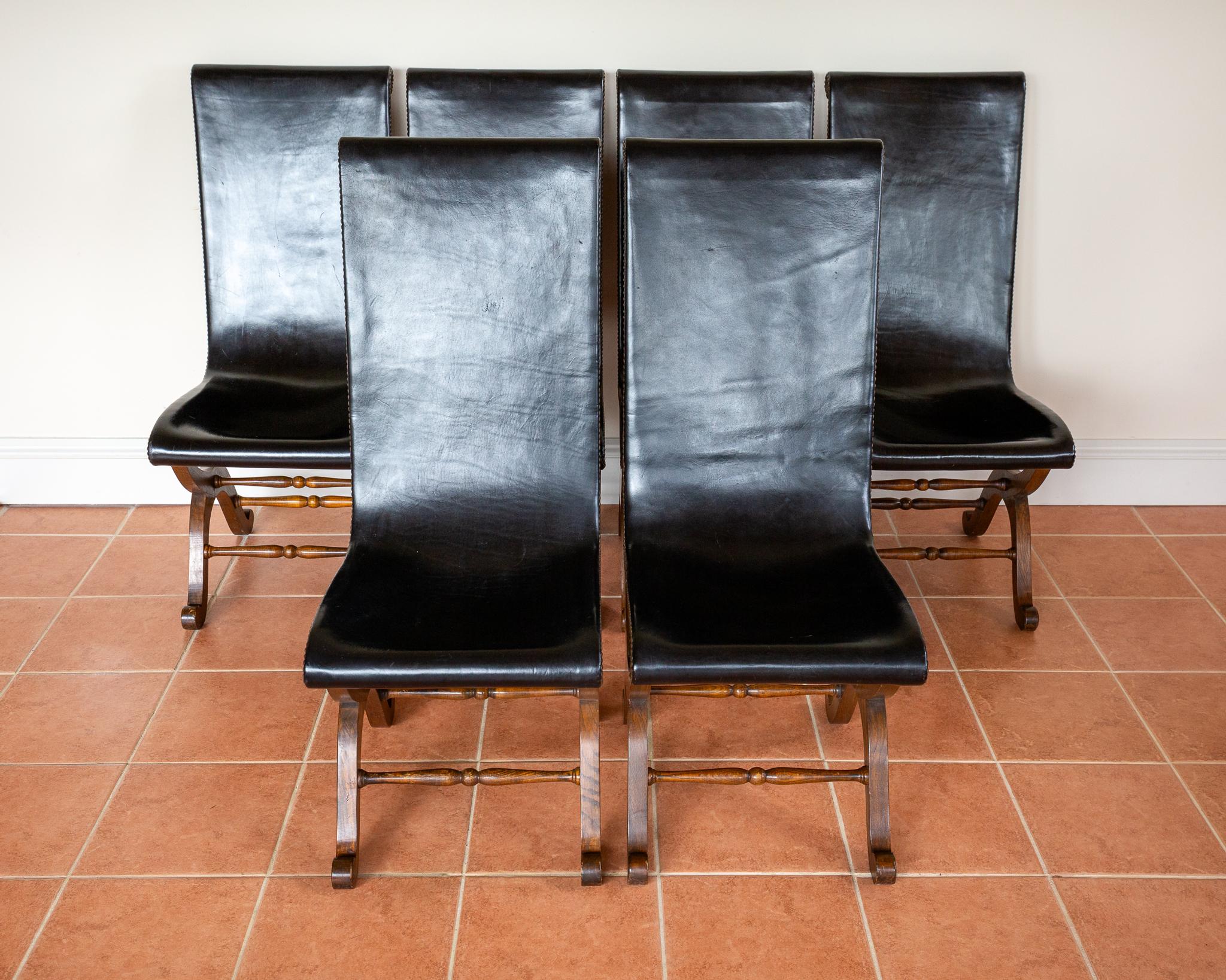6 Sedie da pranzo in pelle di Oak spagnolo Pierre Lottier Valmazan Mid Century in vendita 6