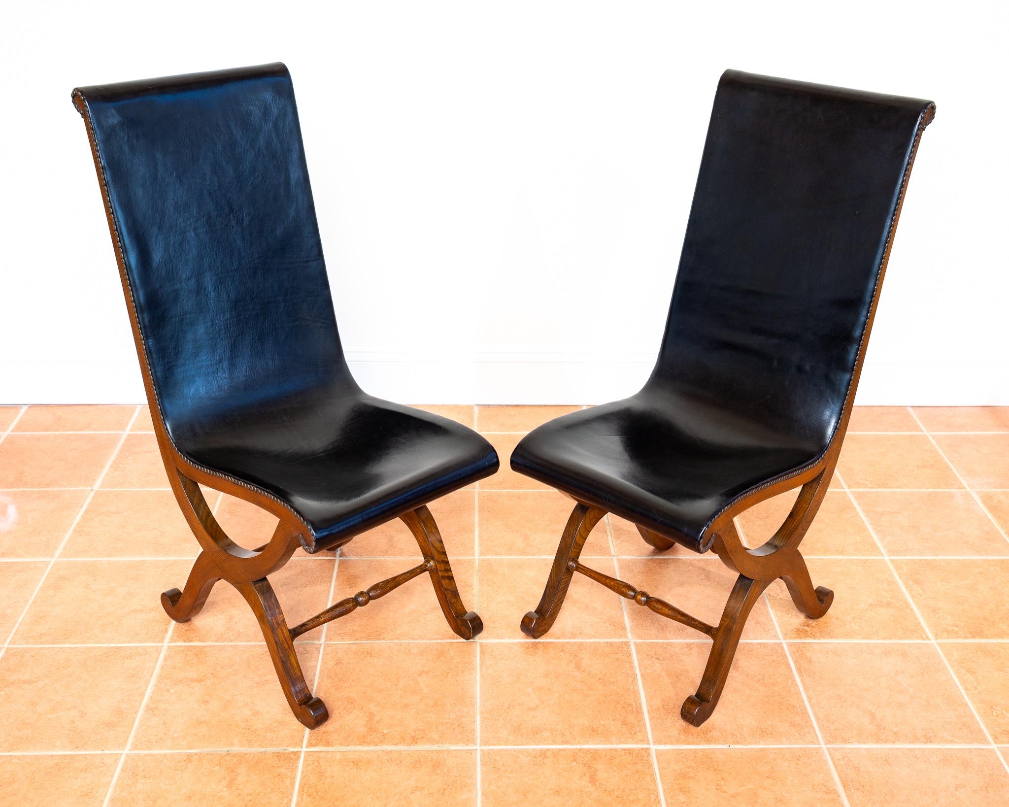 Coloniale spagnolo 6 Sedie da pranzo in pelle di Oak spagnolo Pierre Lottier Valmazan Mid Century in vendita