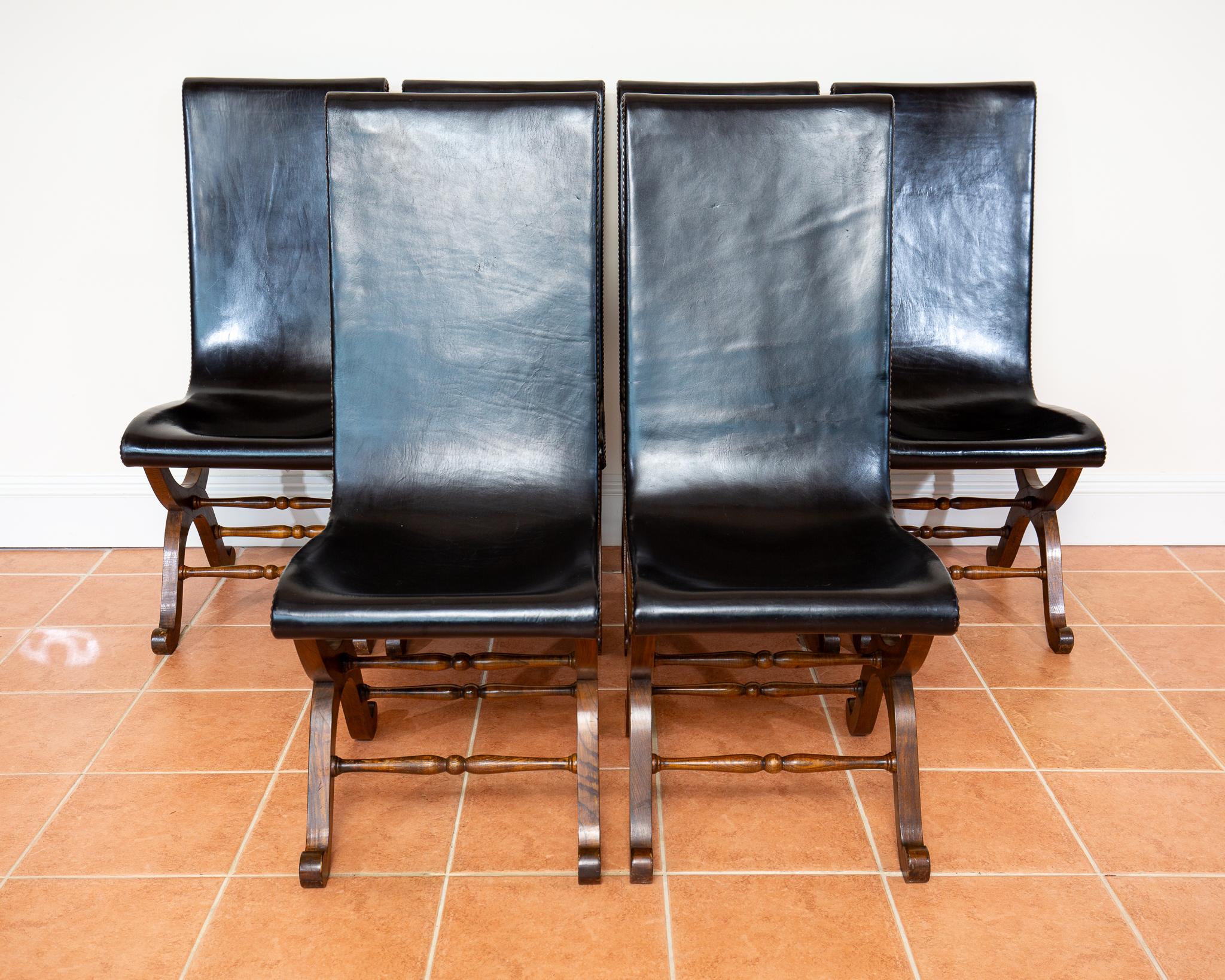 Spagnolo 6 Sedie da pranzo in pelle di Oak spagnolo Pierre Lottier Valmazan Mid Century in vendita