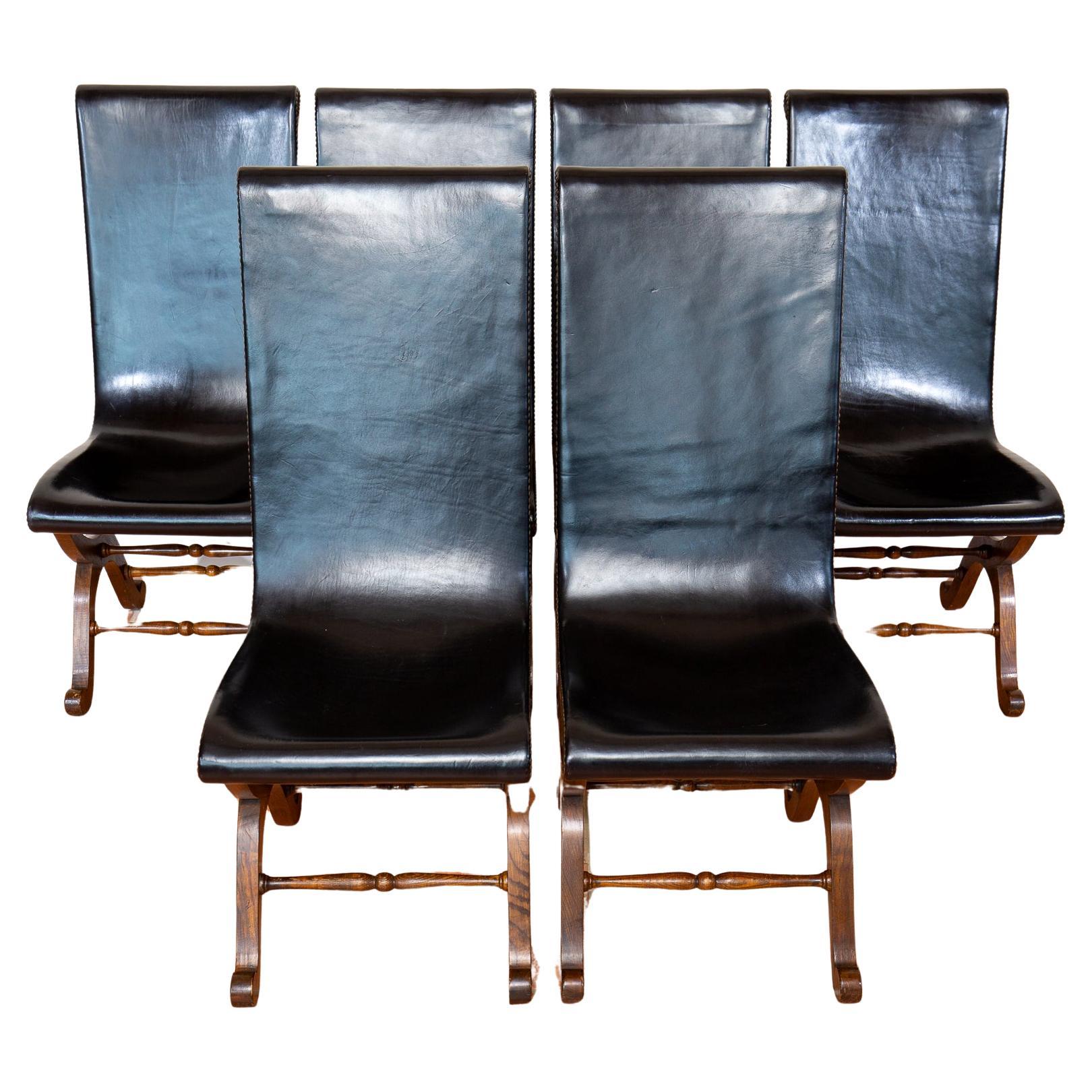 6 Spanish Oak Leather Dining Chairs Spanish Pierre Lottier Valmazan Mid Century