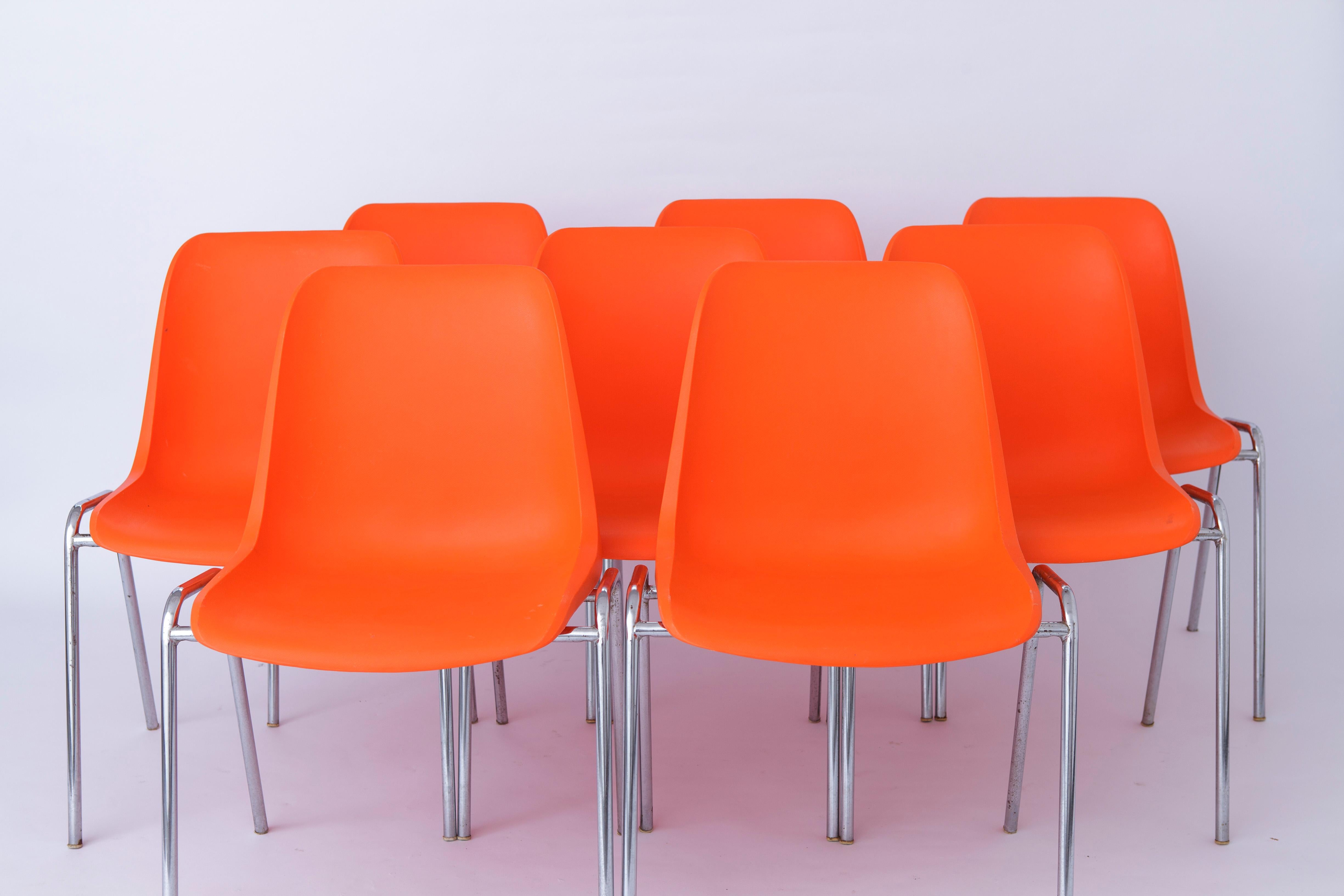 Set of 6 Vintage Plastic chairs. 
Unknown producer. German origin. 
Production period: 1970s. 
Displayed price is for 6 chairs. Totally up to 16 available. 
Please DM if you are interested in a larger set of 8, 12 etc. 

Good condition. Metal chrome