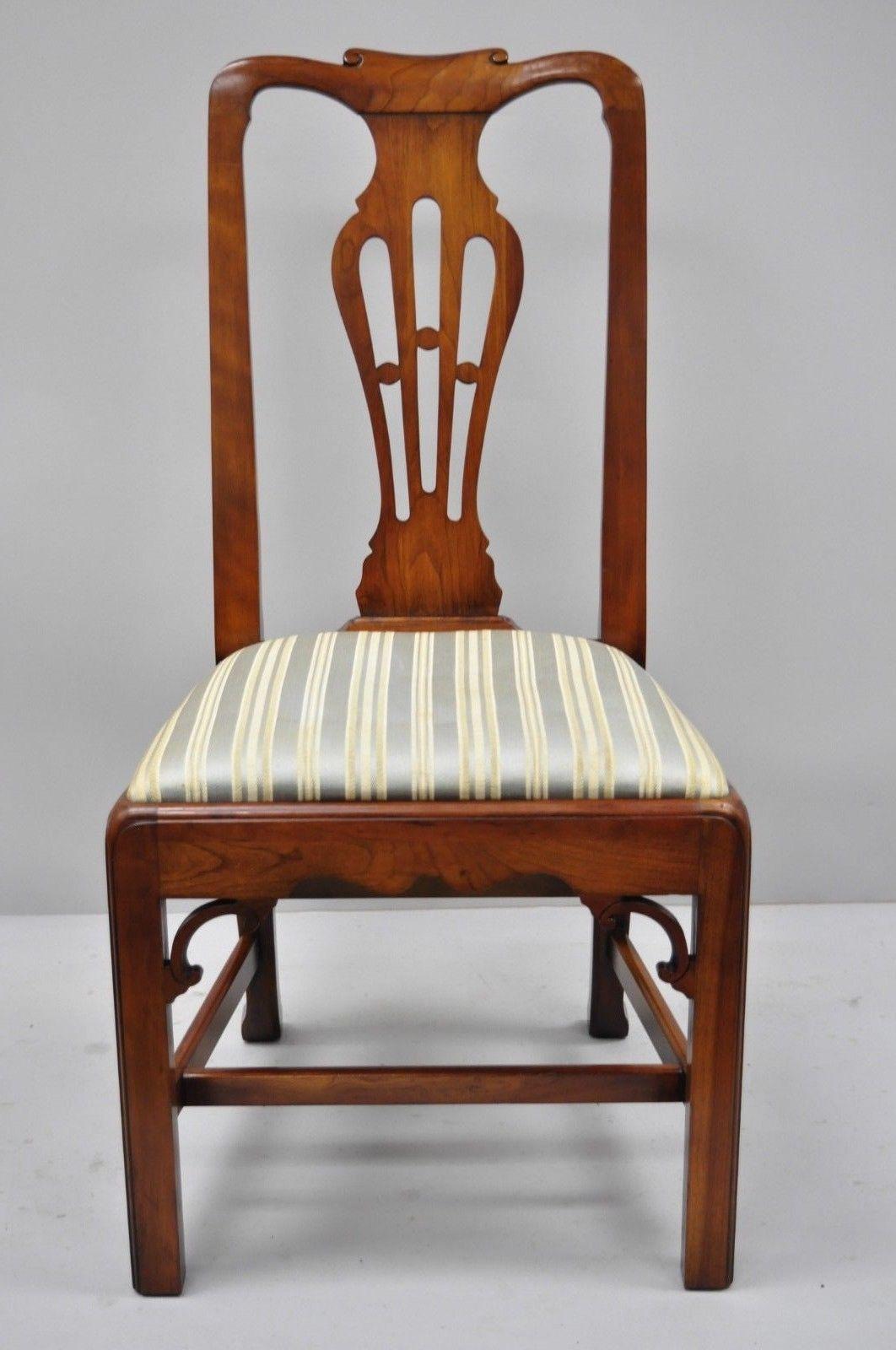 6 Statton Centennial cherry Chippendale style dining chairs for Duckloe. Listing includes 6 side chairs, solid Cherrywood frame, beautiful wood grain, original label, quality American craftsmanship. Made by Statton Furniture for Duckloe Brothers,