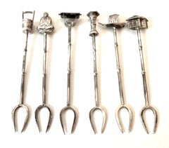 6 Sterling 950 Silver Cocktail Forks in Asian Theme Handle with Storage Case