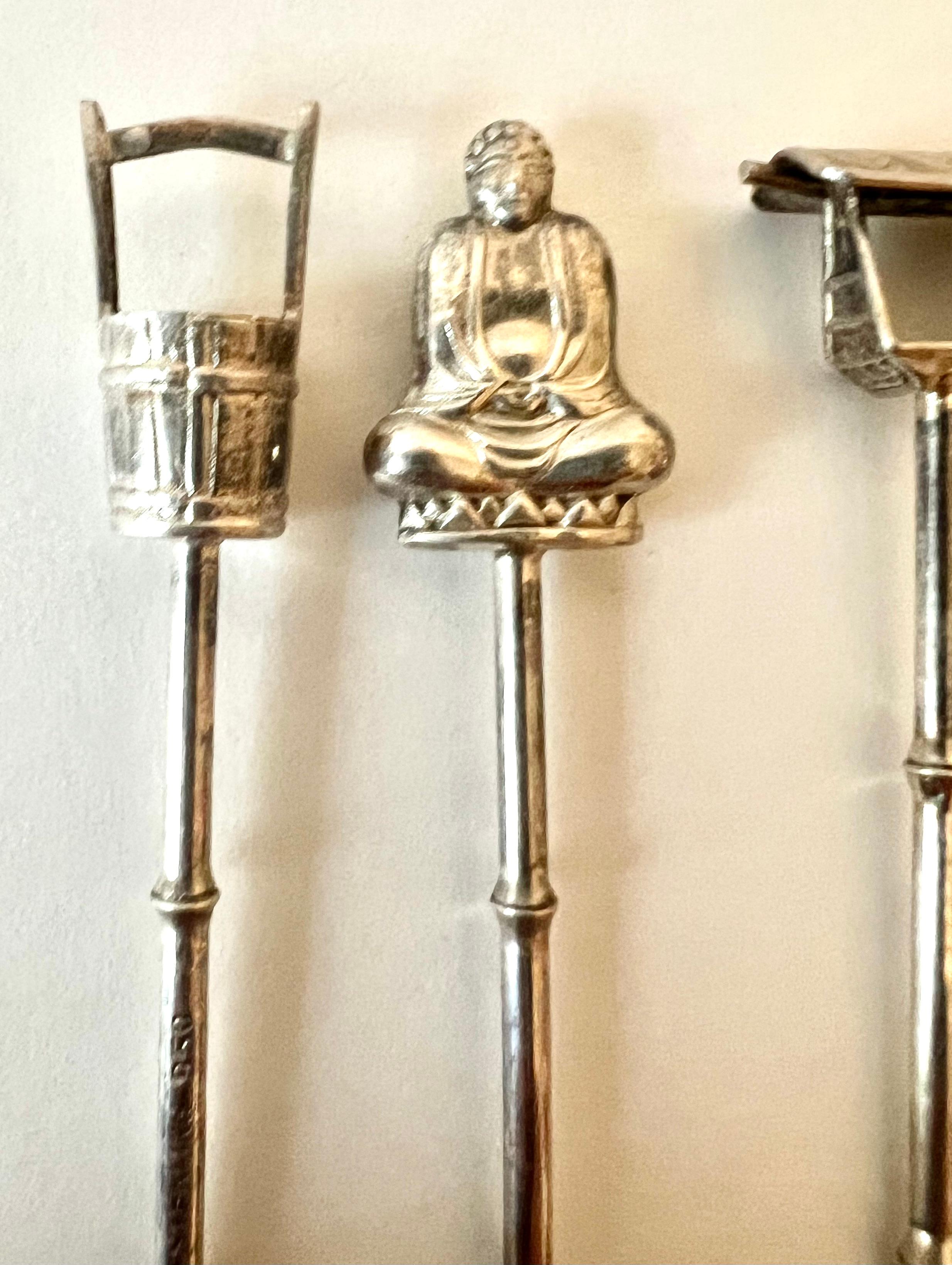 Mid-Century Modern 6 Sterling 950 Silver Cocktail Forks in Asian Theme Handle with Storage Case For Sale