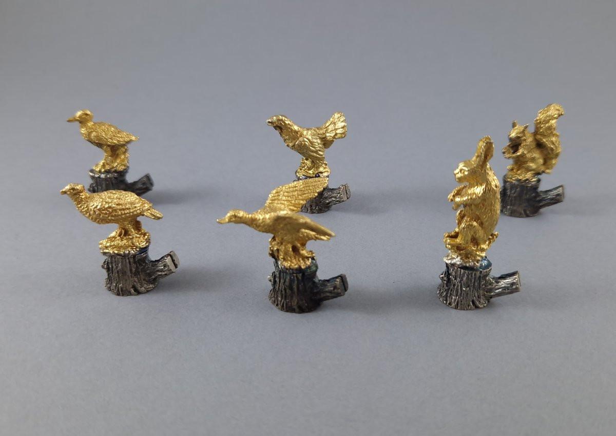 Fine XX secolo 6 Portabiglietti da visita in argento sterling e dorato a tema caccia in vendita