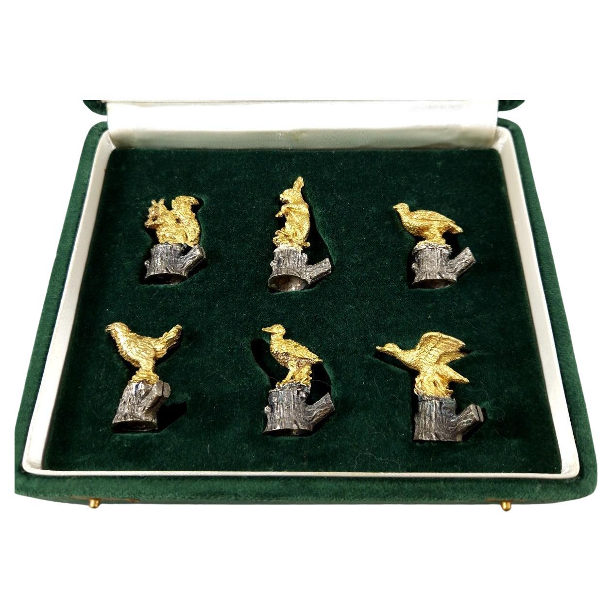 6 Portabiglietti da visita in argento sterling e dorato a tema caccia