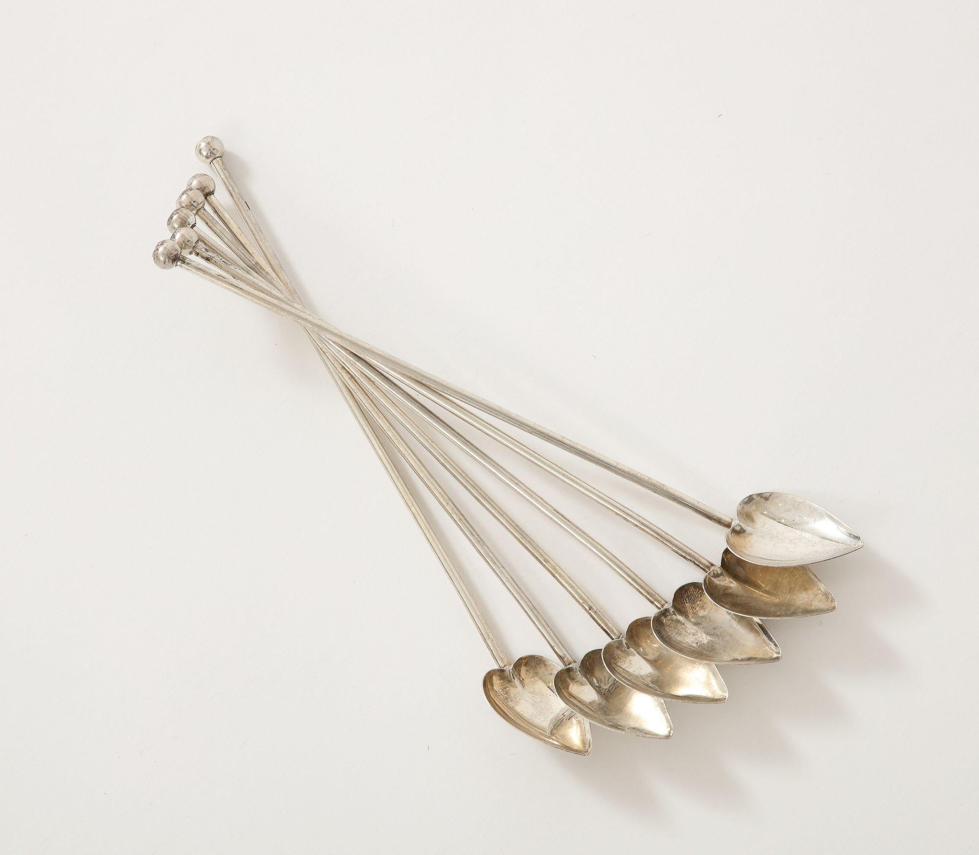6 Sterling Silver Cocktail Heart Shaped Spoons/Straws For Sale 6