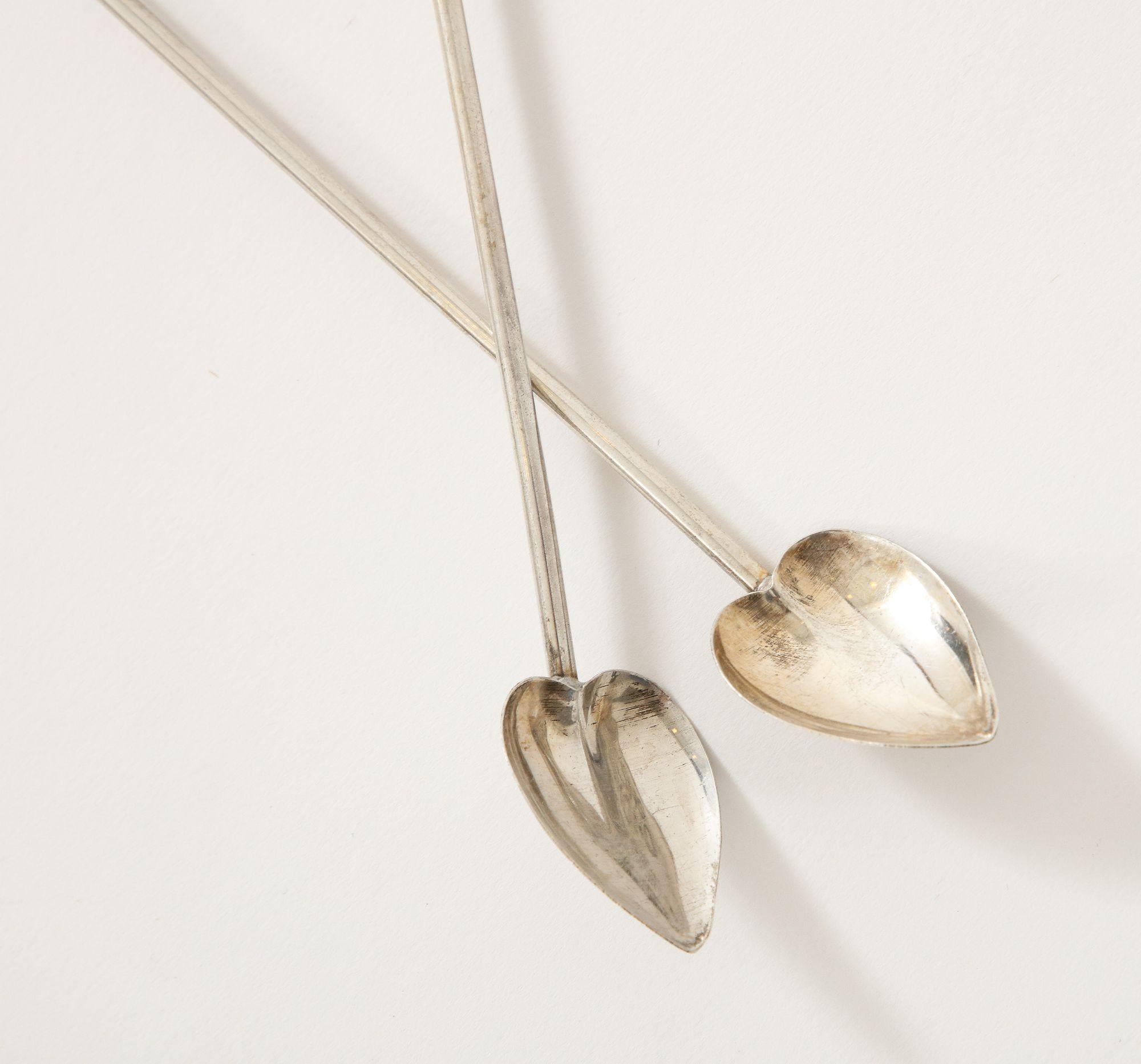 Mid-20th Century 6 Sterling Silver Cocktail Heart Shaped Spoons/Straws For Sale