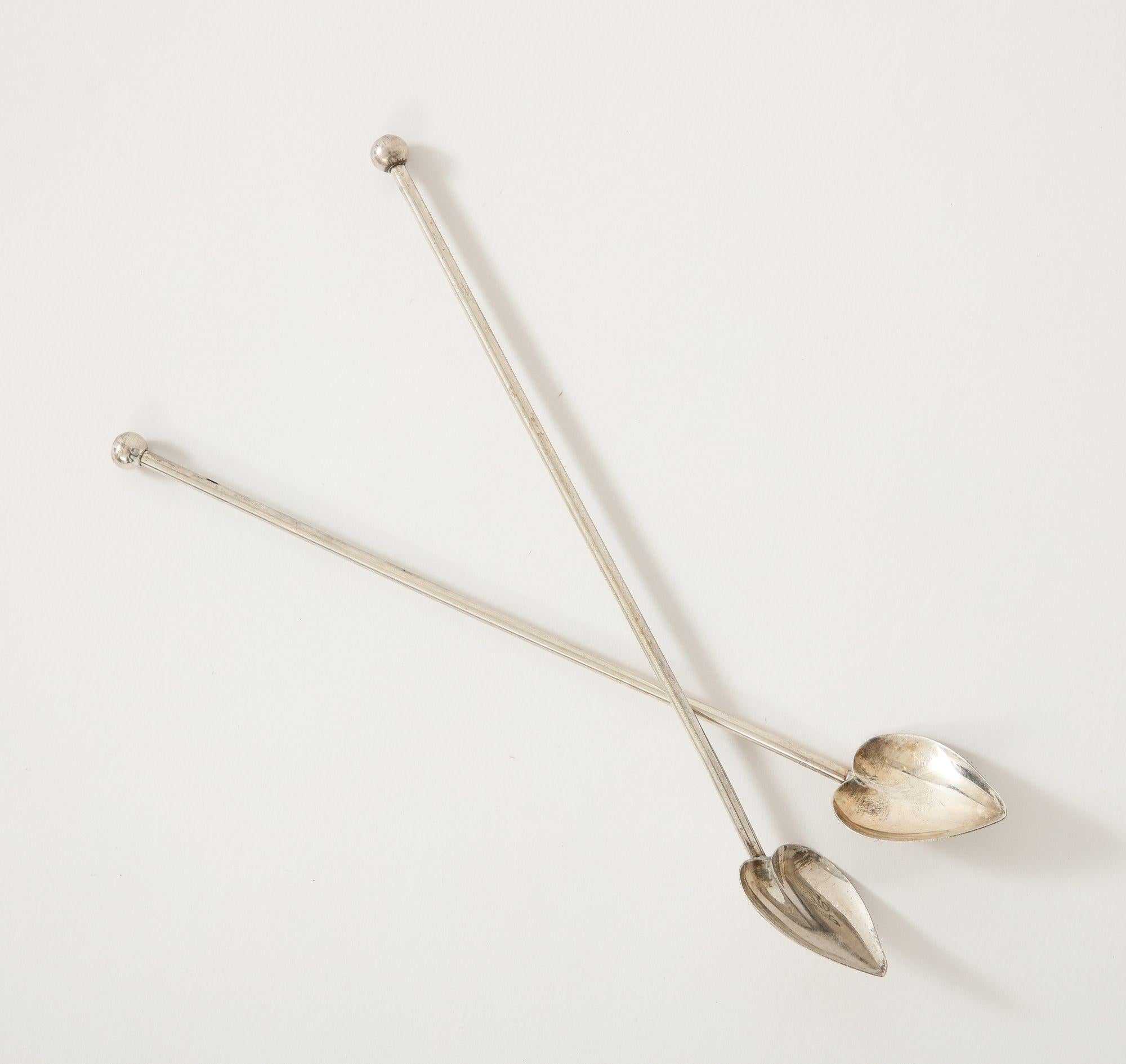 6 Sterling Silver Cocktail Heart Shaped Spoons/Straws For Sale 1