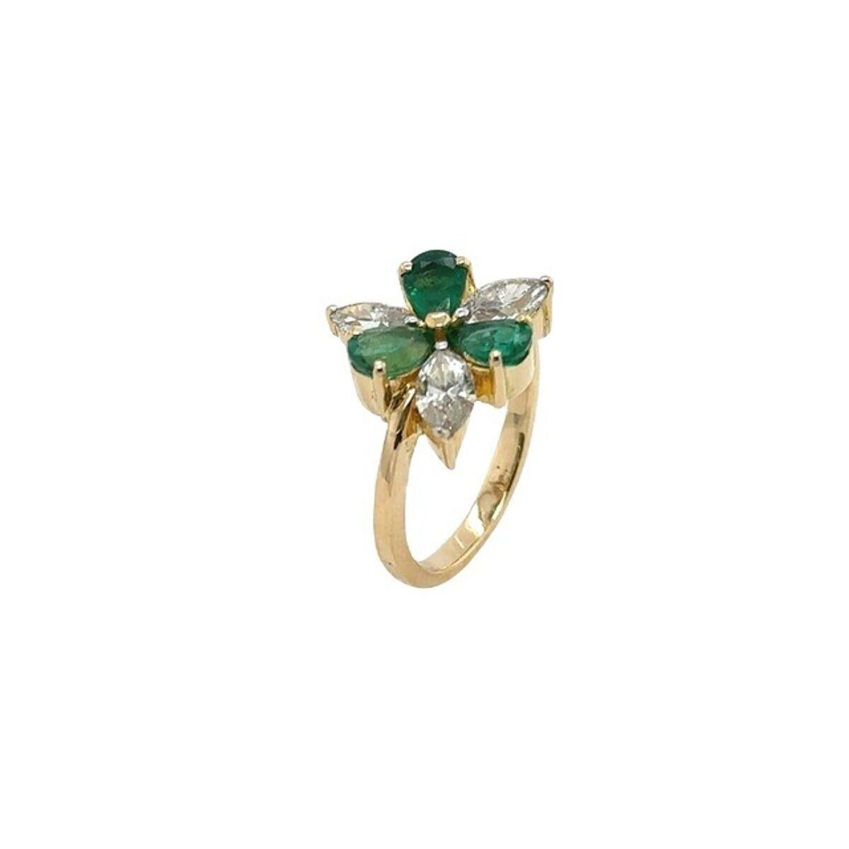 Marquise Cut 6-Stone Ring with 3 Marquise Diamonds & 3Pear Shape Emeralds in 18ct Yellow Gold For Sale