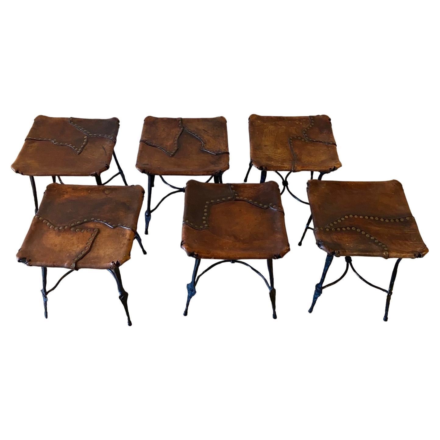 
This set of 6 Stools is rare. It has been made in France in the 970's.
It is signed. It is in Wrought Iron and Leather, Brown Color.

Born in 1931 in Cote d’Azur, Francois Thevenin is an exceptional architect, sculptor, and furniture designer who