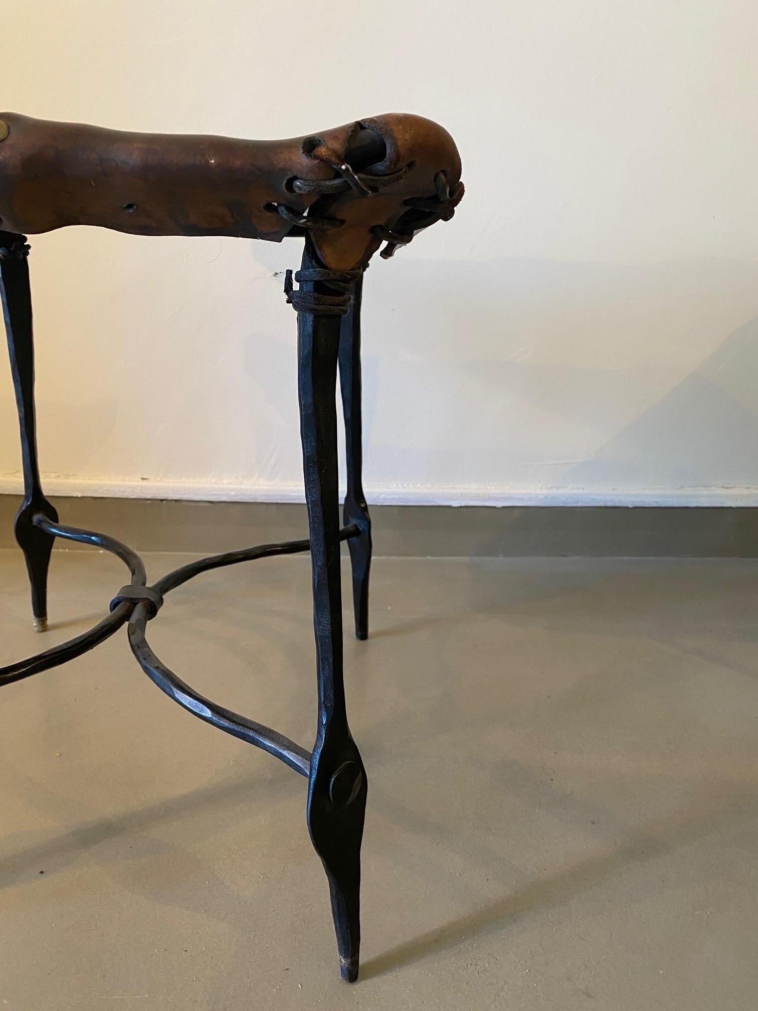 Late 20th Century 6 Stools by Sido & François Thévenin Leather and wrought Iron France 1970's 