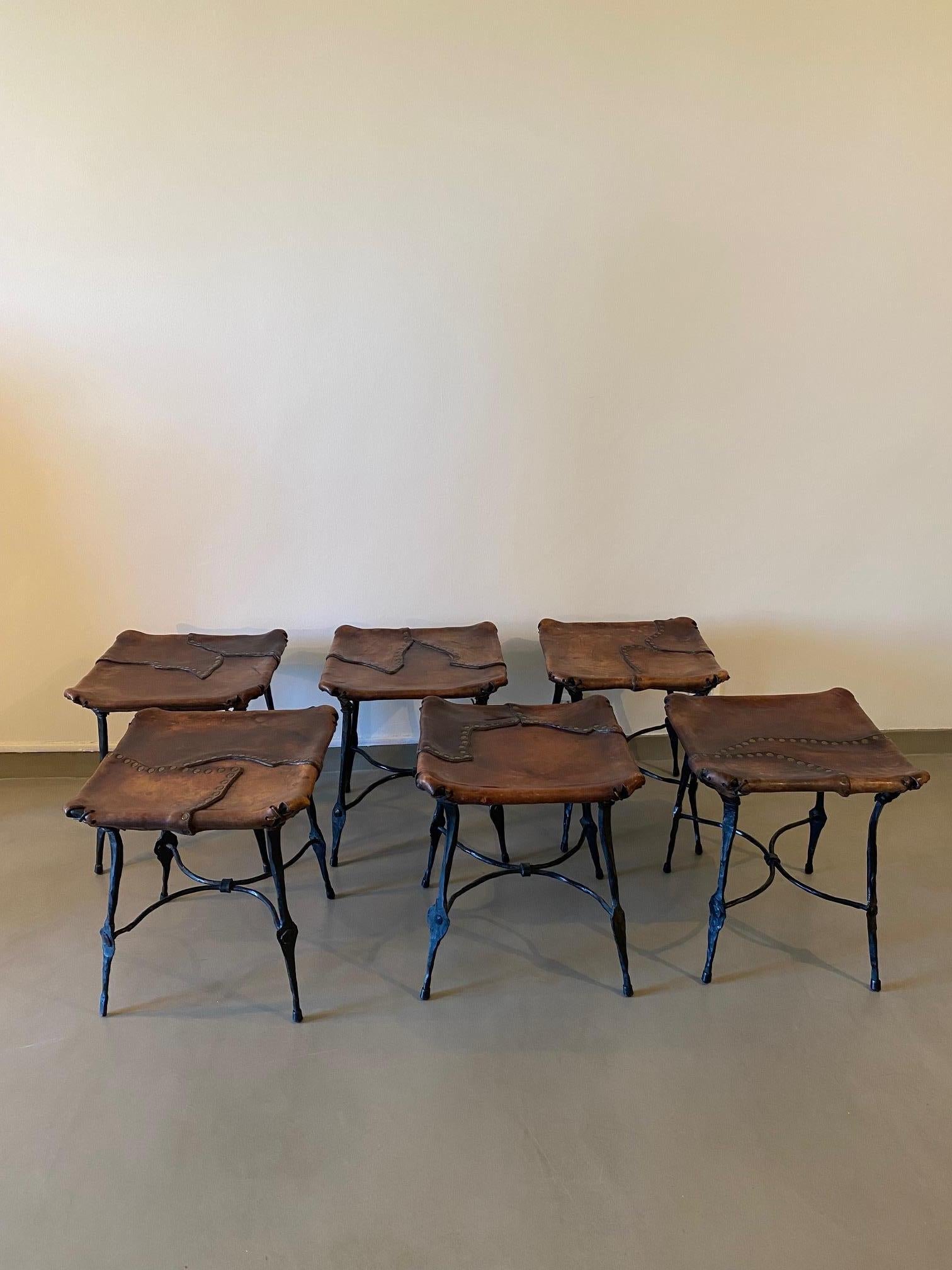 6 Stools by Sido & François Thévenin Leather and wrought Iron France 1970's  3