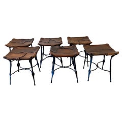 6 Stools by Sido & François Thévenin Leather and wrought Iron France 1970's