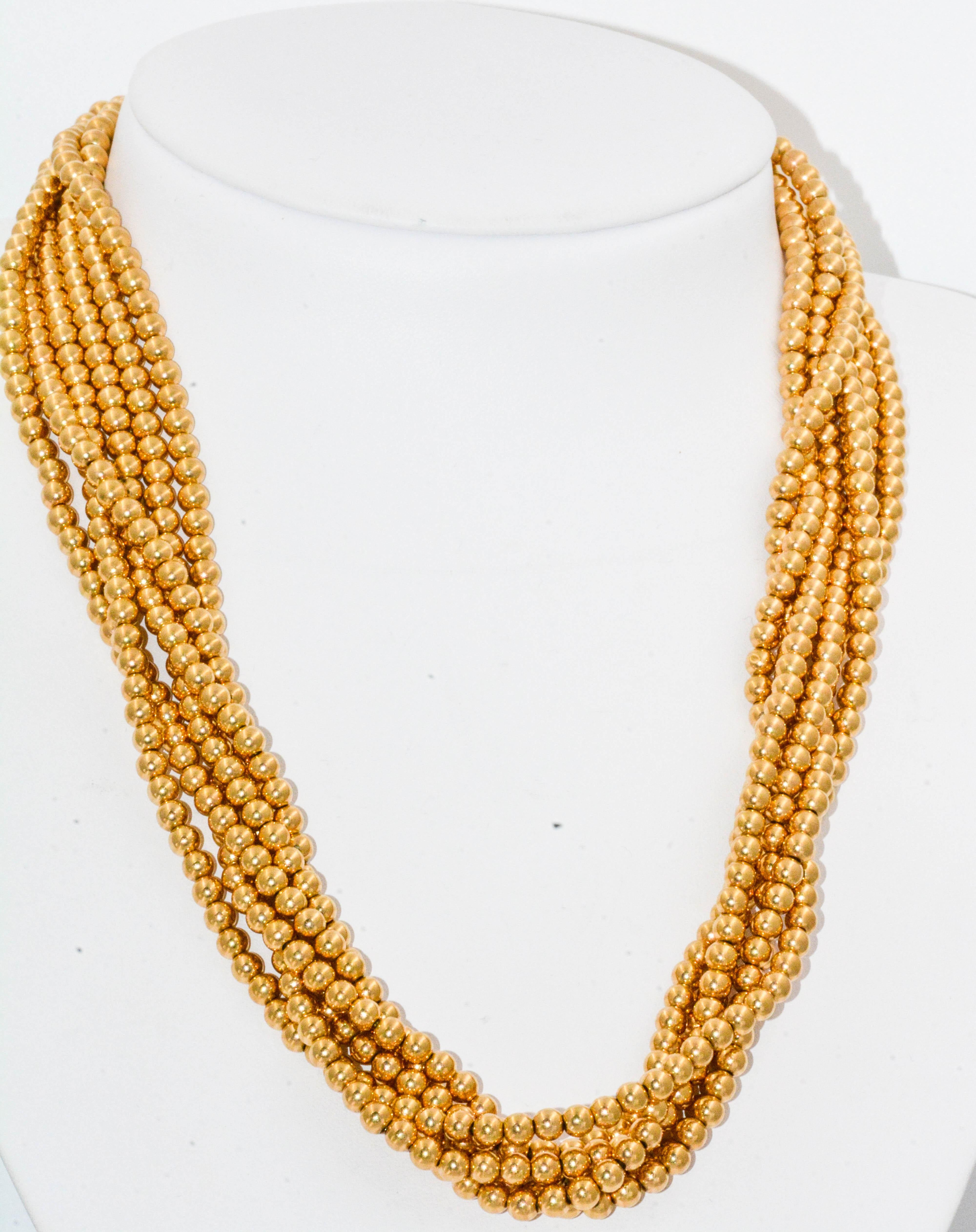 Modern 6 Strands 14 Karat Yellow Gold Beads Necklace