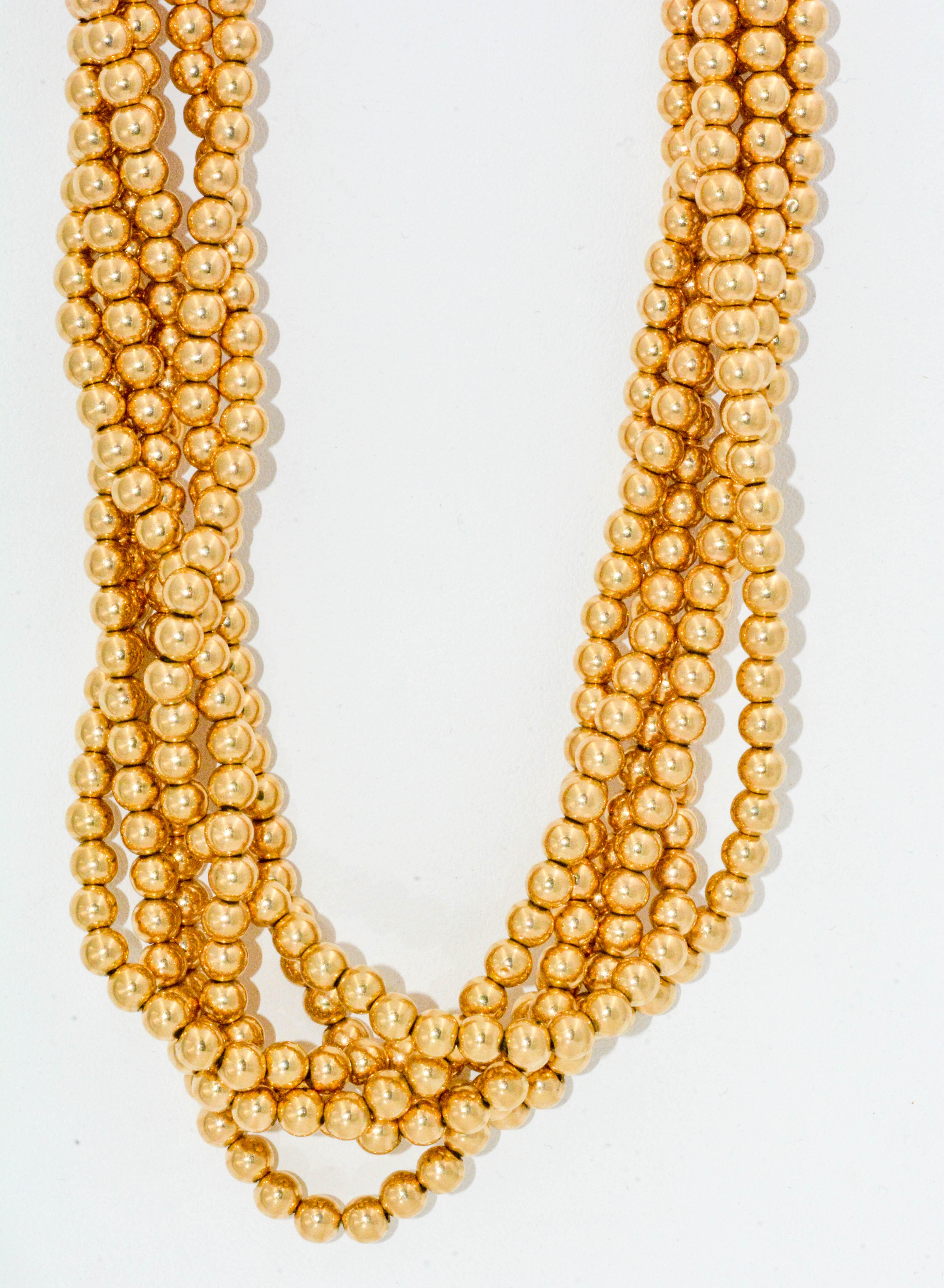 Round Cut 6 Strands 14 Karat Yellow Gold Beads Necklace