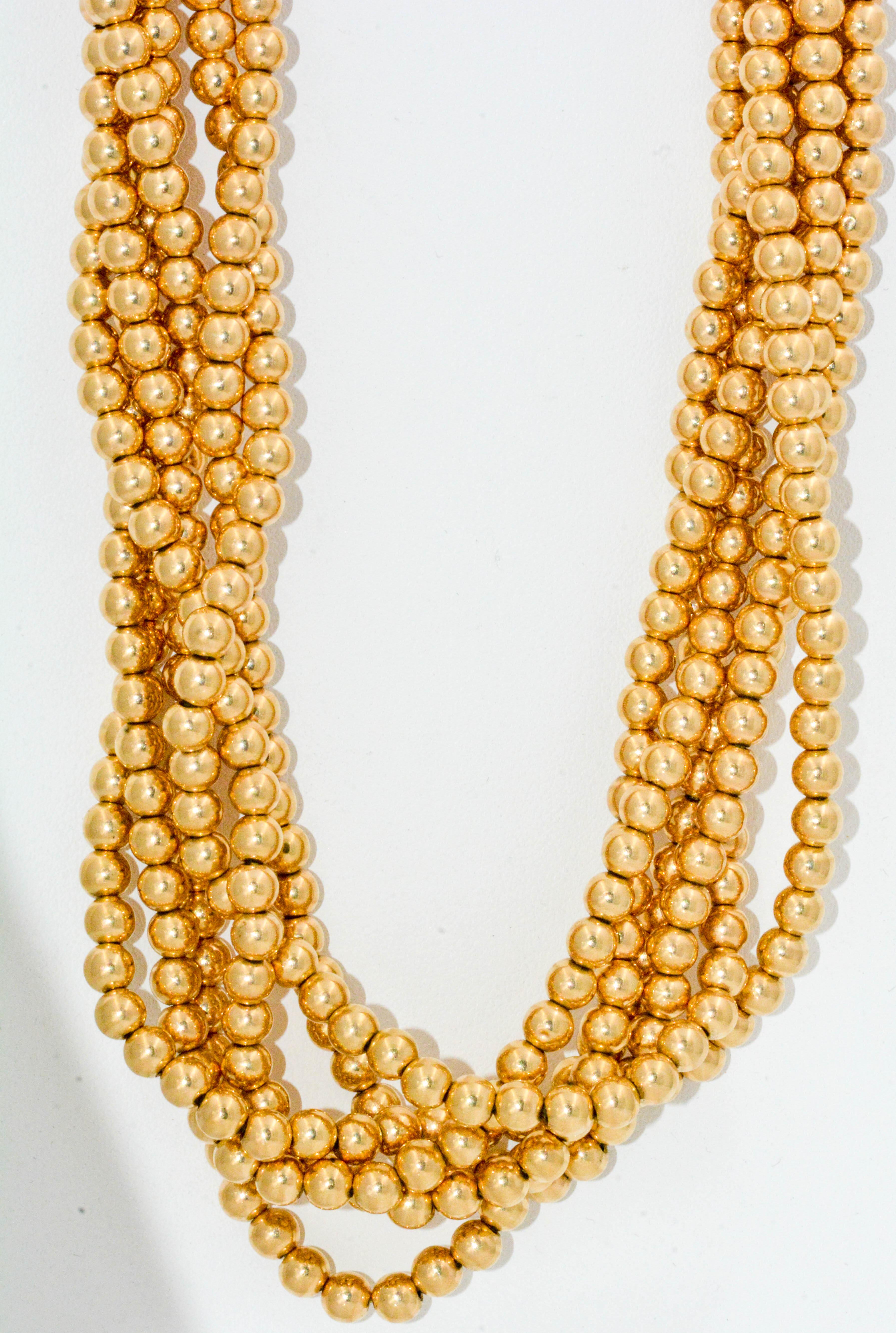 6 Strands 14 Karat Yellow Gold Beads Necklace In Excellent Condition In Dallas, TX