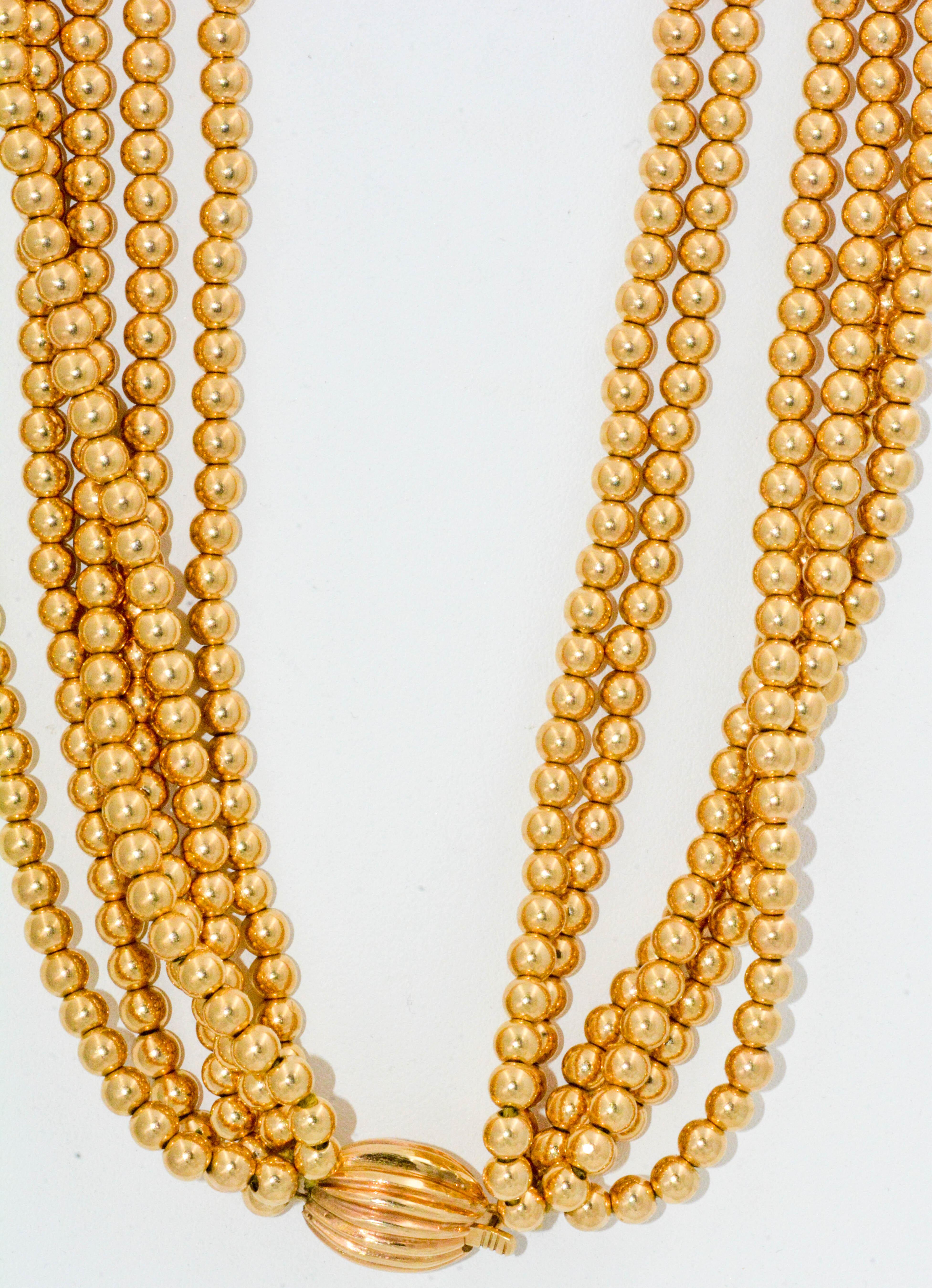 Women's or Men's 6 Strands 14 Karat Yellow Gold Beads Necklace