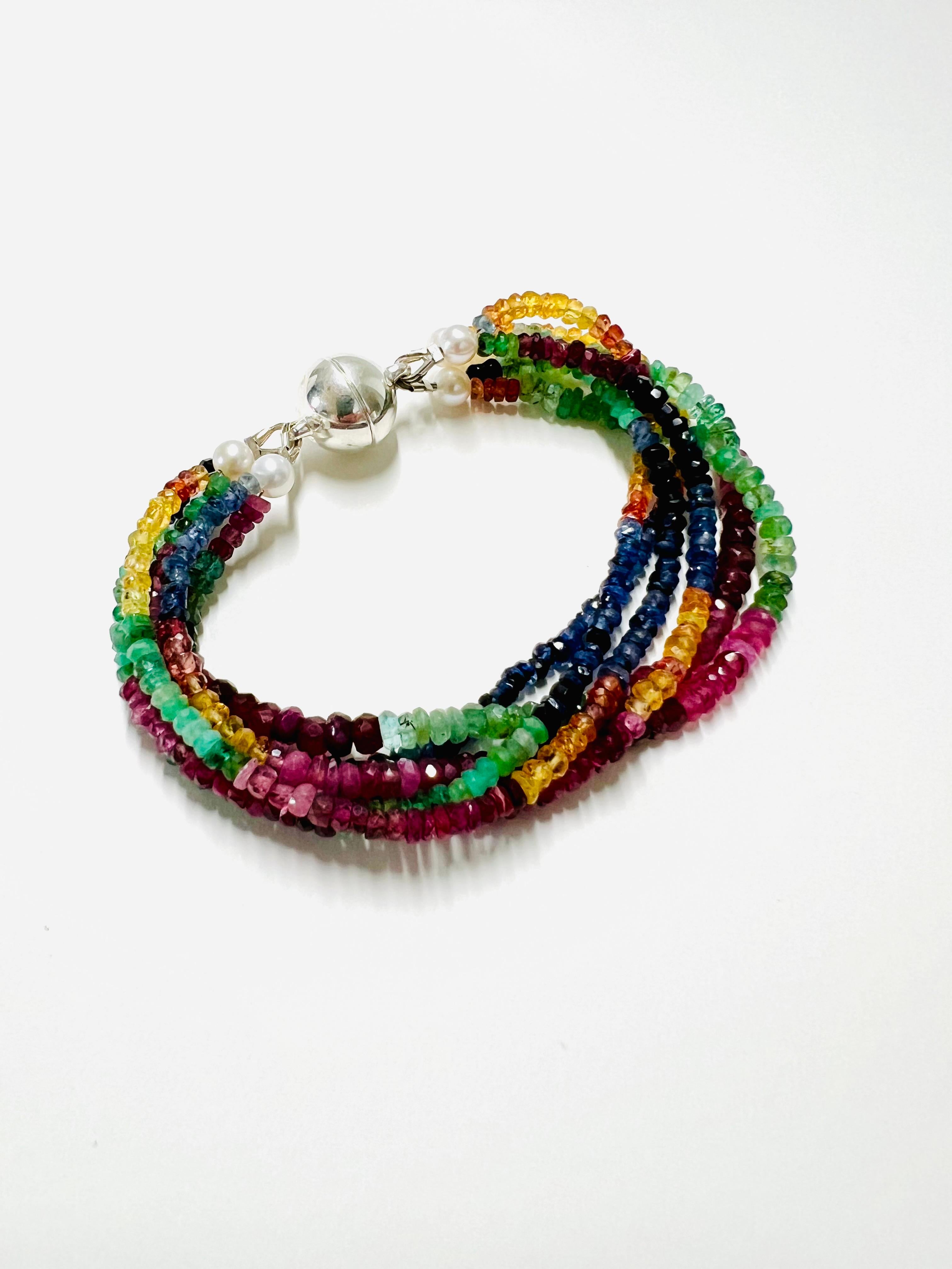 6-Strands Bracelet with Rubies, Emeralds, Sapphires and Magnetic Silver Closure For Sale 5