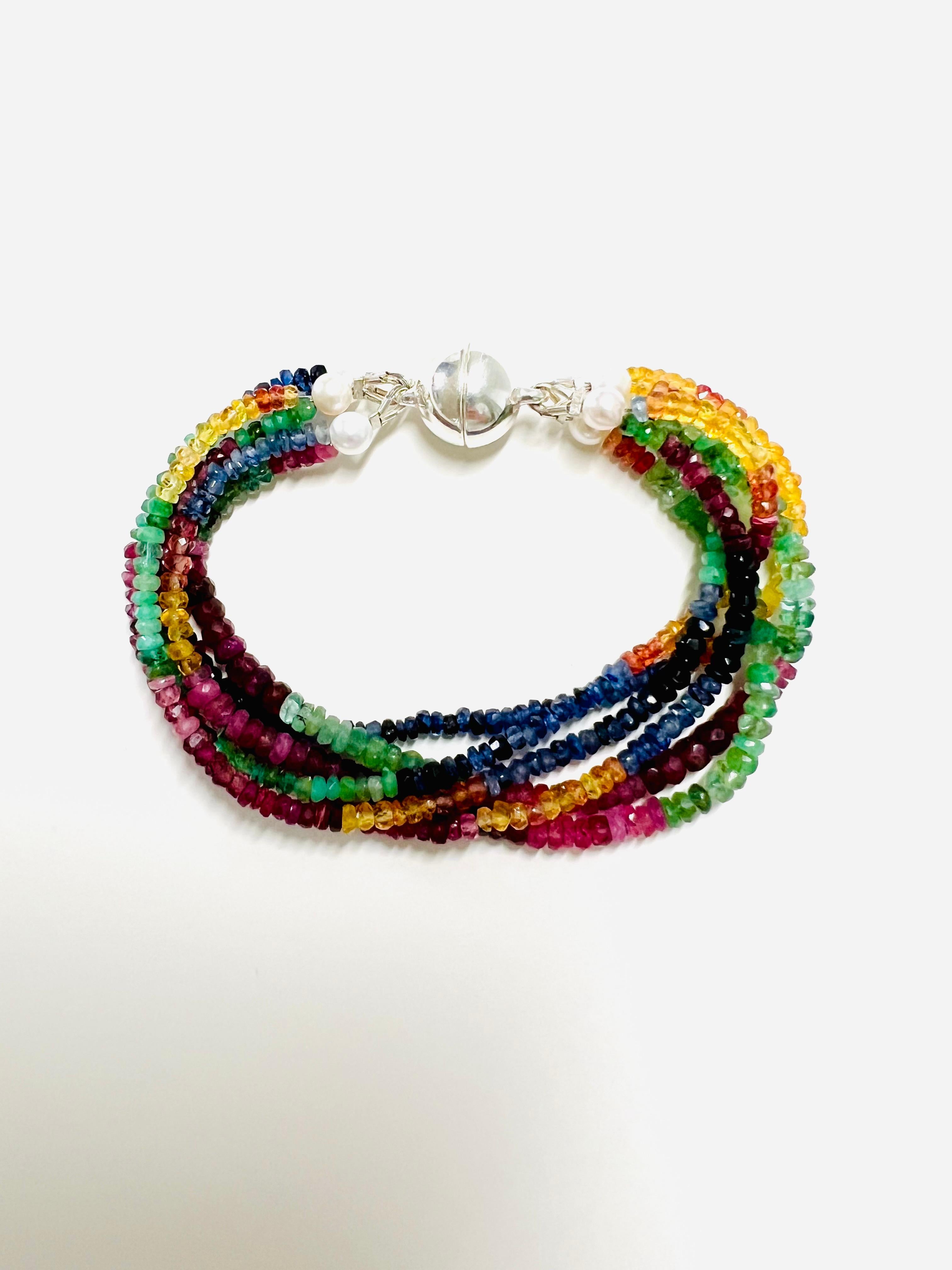 6-Strands Bracelet with Rubies, Emeralds, Sapphires and Magnetic Silver Closure For Sale 6