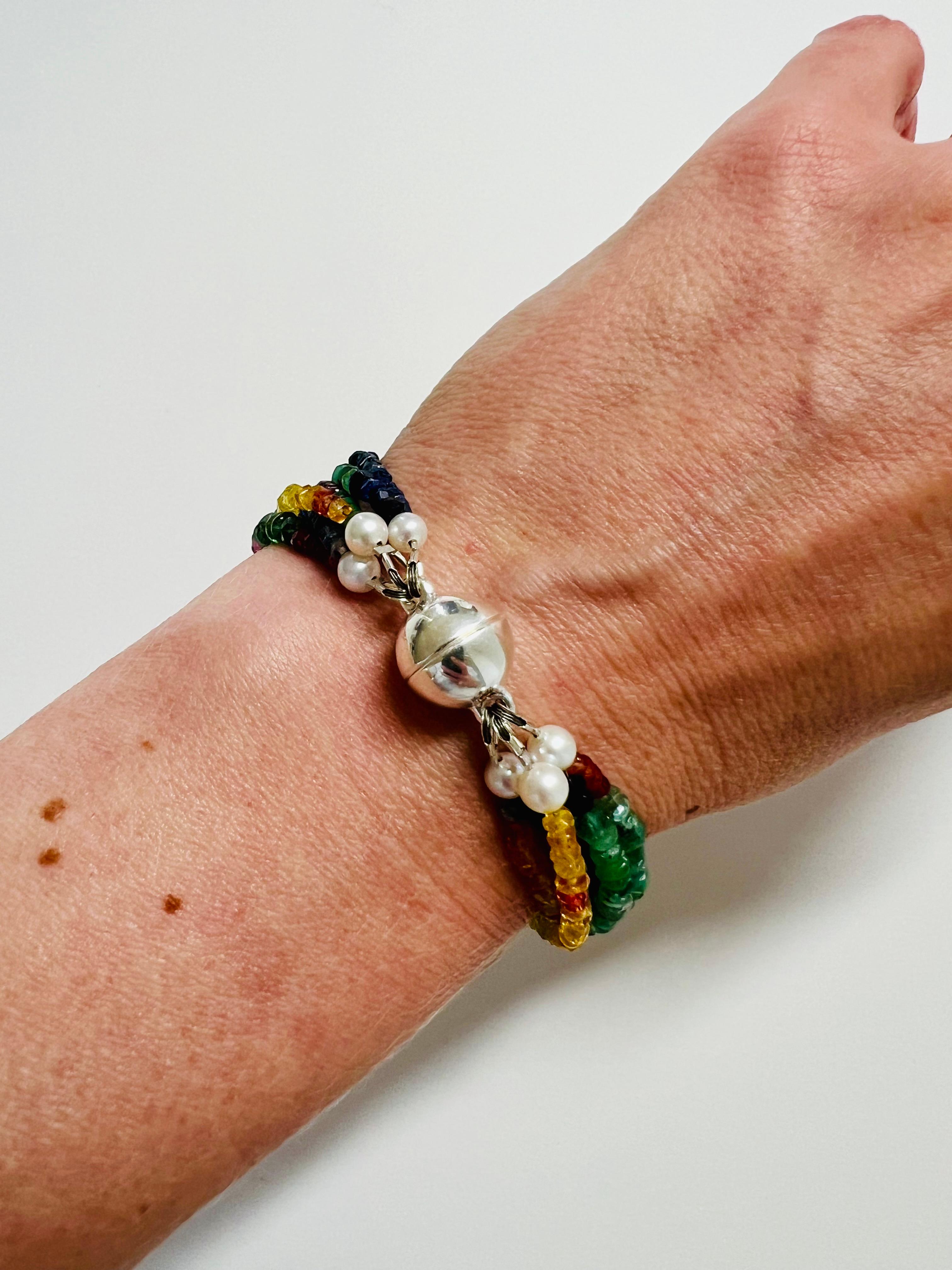 6-Strands Bracelet with Rubies, Emeralds, Sapphires and Magnetic Silver Closure For Sale 1