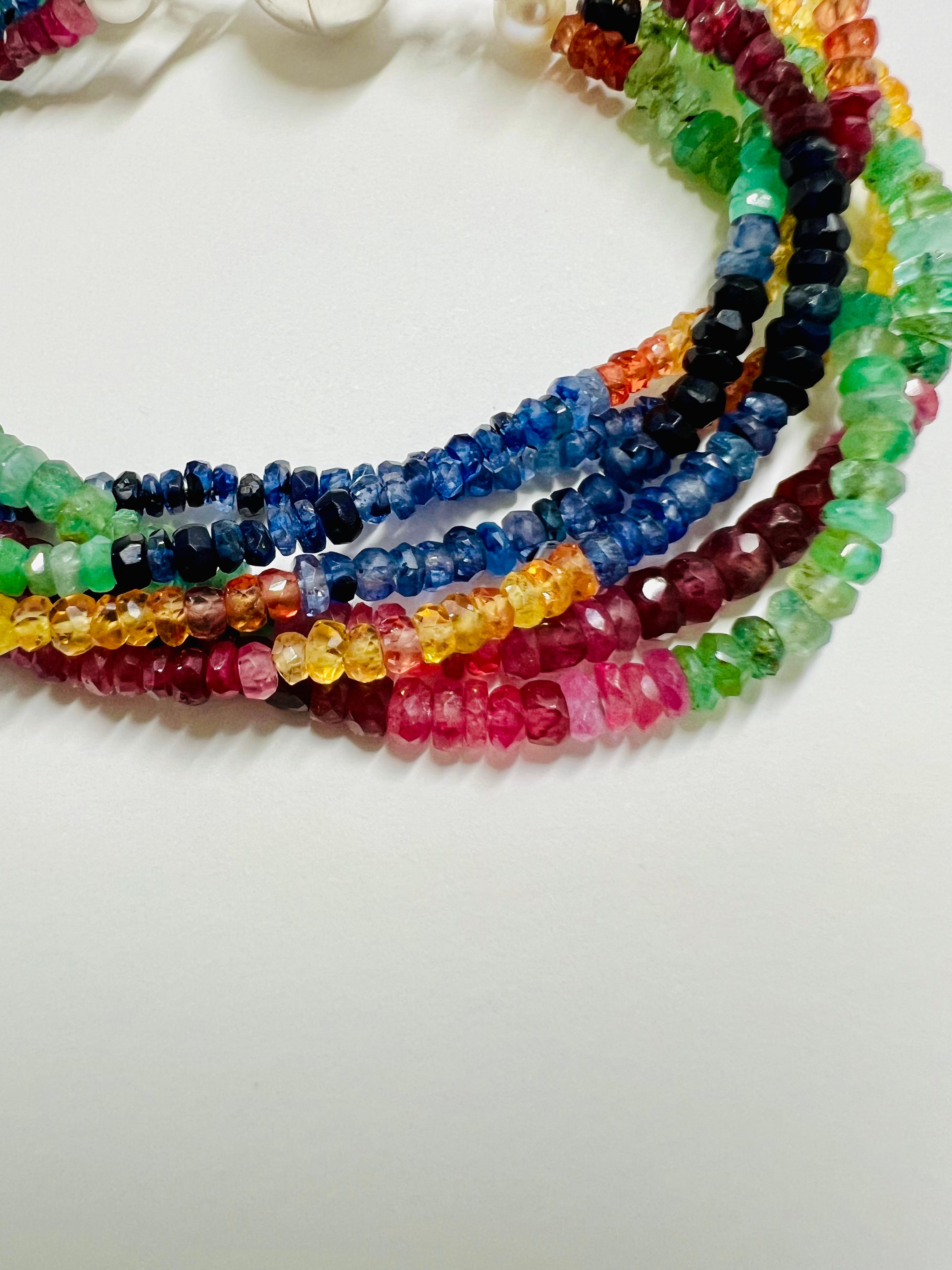 6-Strands Bracelet with Rubies, Emeralds, Sapphires and Magnetic Silver Closure For Sale 3