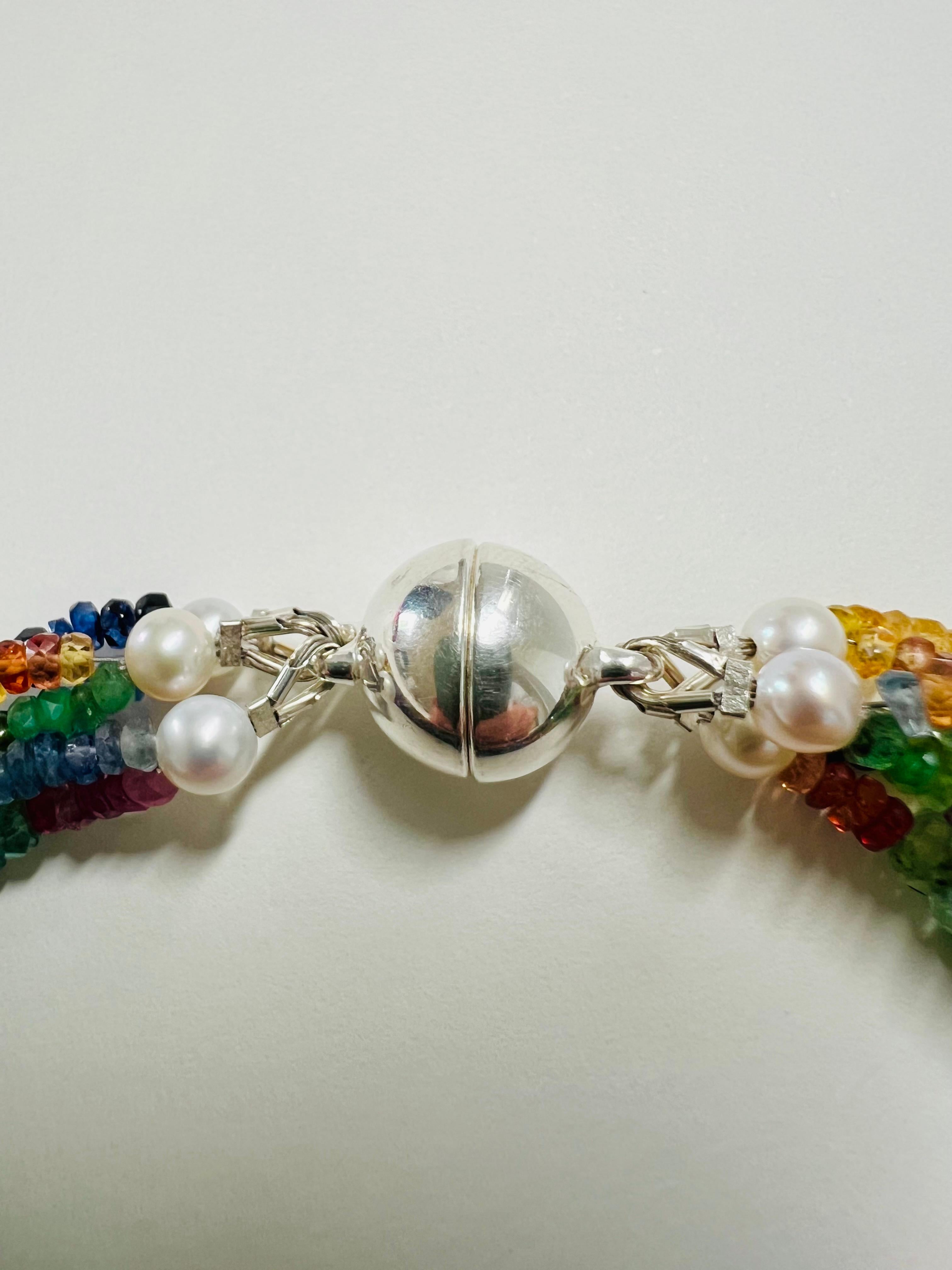 6-Strands Bracelet with Rubies, Emeralds, Sapphires and Magnetic Silver Closure For Sale 4