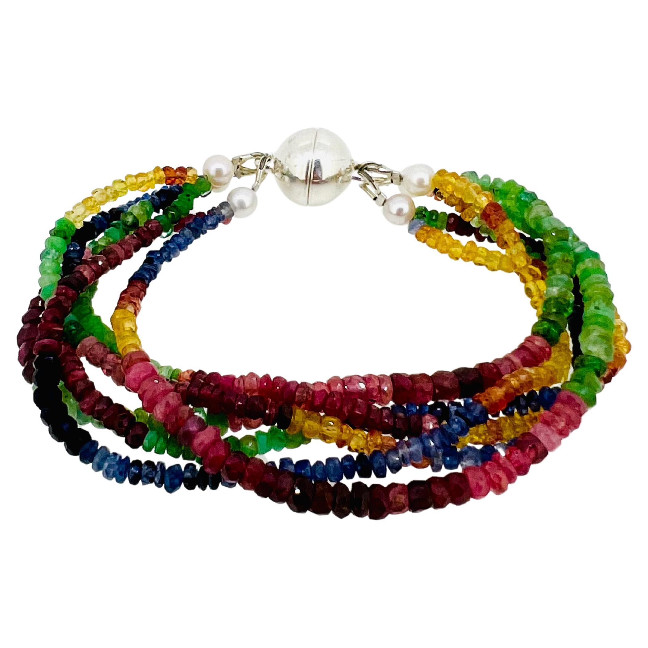 6-Strands Bracelet with Rubies, Emeralds, Sapphires and Magnetic Silver Closure