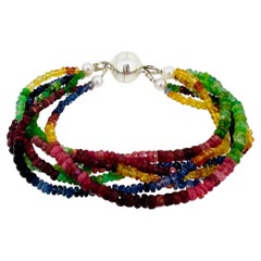 6-Strands Bracelet with Rubies, Emeralds, Sapphires and Magnetic Silver Closure